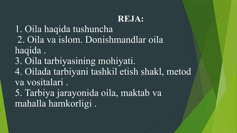 at talablari asosida faoliyat yuritadi. jamiyat taraqqiyotining rivoji esa uning bag’rida mavjud bo’lgan oilalarning ijtimoiy-iqtisodiy va ma’naviy qiyofasining shakllanganlik darajasiga bevosita bog’liqdir oila tarbiyasining mohiyati. oila tarbiyasi, yuqorida ta’kidlab o’tilganidek, ota-onalar yoki shaxs kamoloti uchun mas’ul shaxslar tomonidan tashkil etiluvchi hamda farzandlarni har tomonlama yetuk, sog’lom etib tarbiyalashga yo’naltirilgan pedagogik jarayon. ota-onalar o’zlarining ijtimoiy burchlarini bajarar ekanlar, farzandlarida mehnatga, uni tashkil etuvchilarga nisbatan mehr-muhabbat, hurmat tuyg’usini shakllantirish, ularni ijtimoiy-foydali mehnatga tayyorlash, turli ko’rinishdagi munosabatlarni uyushtirish vaqtida tartib- intizomga amal qilish, ijtimoiy me’yorlarga og’ishmay rioya etish. oila — jamiyatning eng kichik va eng muhim bo‘g‘ini. tarbiya — farzandning shakllanishida asosiy omil. oilada berilgan tarbiya butun umrgacha ta’sir ko‘rsatadi. mehr va e’tibor farzand sog‘lom rivojlanishi uchun muhabbat zarur. ota-ona mehribonligi bolaning ruhiy holatini mustahkamlaydi. namuna bo‘lish bola ota-onani kuzatib ulg‘ayadi. axloqiy tarbiya farzandga halollik, odob, hurmat kabi fazilatlar o‘rgatiladi. salbiy odatlardan (yolg‘on, qo‘pollik) uzoqlashtirish muhim. yaxshi xulq, odob, halollik avvalo ota-onada bo’lishi …