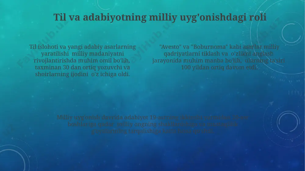 ratiyalashuv va integratsiya kabi omillarni ko'rsatadi. "madaniyat to'lqinlari"ning globalizatsiya davrida milliy madaniyatni saqlash va rivojlantirishga qo'shgan hissasi, taxminan 21-asrning boshlaridan beri kuzatilayotgan 30 dan ortiq tillarning yo'qolib ketish xavfi fonida, muhim ahamiyat kasb etadi. asar, madaniy xilma-xillikni himoya qilish va 200 dan ortiq xalqlarning o'ziga xos an'analarini o'rganish bo'yicha unesconing maqsadlariga mos keladi, shuningdek, madaniy merosni saqlashga oid 1972-yilgi konvensiyaning asosiy tamoyillarini aks ettiradi. an'anaviy qadriyatlar va zamonaviylashuv muammolari oilaviy an'analar va milliy qadriyatlarning saqlanishiga bag'ishlangan 5 dan ortiq davlat dasturi mavjud bo'lsa-da, ularning samaradorligi turli omillarga bog'liq. an'anaviy qadriyatlarning 30% dan ortig'i zamonaviylashuv jarayonida o'zgargan yoki qayta talqin etilgan, bu esa avlodlar o'rtasida madaniy bo'shliqni keltirib chiqarmoqda. zamonaviy texnologiyalar ta'siri natijasida an'anaviy ijtimoiy munosabatlarning 70% ga yaqini o'zgargan, bu esa yangi ijtimoiy normalarning shakllanishiga olib kelmoqda. e'tiboringiz uchun rahmat @taqdimot_robot image3.png