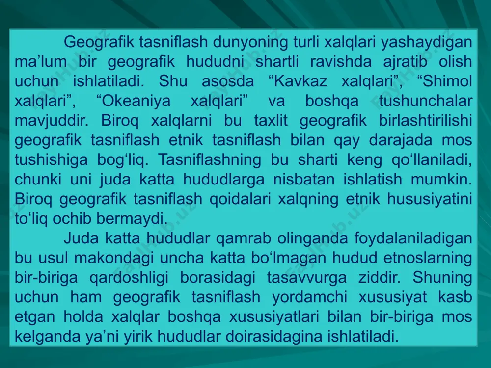 dlarning soni o'tgan asr so'ngida butun dunyoda 250 milliondan ortiq (negrlar, negrilli, bushmen va gottenotlar); negroid va evropoid aralashishidan paydo bo'lgan 352,6 millionli irqlar efiop tipi, sudanliklar, mulatlar) ham shularga kiradi; eng katta evropoid (evroosiyo) irqi 1 milliard 793,3 million kishidan iborat bo'lib, unga aralash tiplar (metislar, mulatlar) ham kiradi; mongoloid (osiyo-amerika) katta irqiga oid aholi soni 704 milliondan ortiq; aralash tiplar 672,2 million, tinch okean mongoloidlari 664 million kishi, janubiy osiyo guruhi 542,4million va yaponlar tipi 11 million kishidan iborat; avstraloid (okeaniya) katta irqi (veddoidlar, avstraliyaliklar, aynlar, melaneziyaliklar va papuaslar) soni 9,4 million kishini tashkil qiladi. irqiy tafovut faqat tashqi jismoniy belgilari bilan aniqlanadi. har bir katta irq ichida mayda guruh va tiplar ham mayjud. etnoslarning shakllanishida va ularni farqlashda til asosiy rol o'ynaydi. til birligiga qarab ayrim xalq va elatlar aniqlanibgina qolmay, ko'pincha til asosida nom ham beriladi. lingvistik xarakteristika tarixiy-qiyosiy o'rganish orqali aniqlanadi. odatda kelib chiqishi bir …