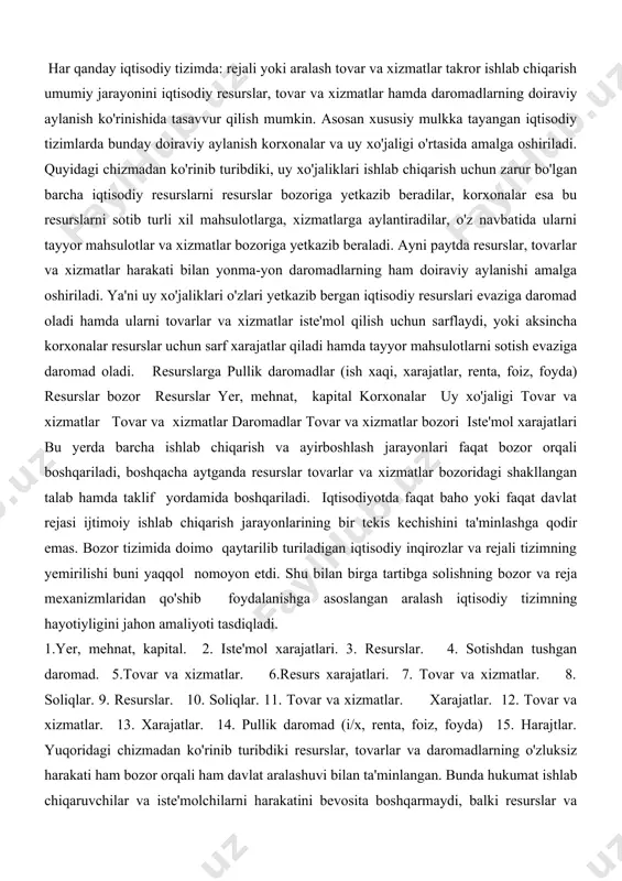 larni tayyor mahsulotlar va xizmatlar bozoriga yetkazib beraladi. ayni paytda resurslar, tovarlar va xizmatlar harakati bilan yonma-yon daromadlarning ham doiraviy aylanishi amalga oshiriladi. ya'ni uy xo'jaliklari o'zlari yetkazib bergan iqtisodiy resurslari evaziga daromad oladi hamda ularni tovarlar va xizmatlar iste'mol qilish uchun sarflaydi, yoki aksincha korxonalar resurslar uchun sarf xarajatlar qiladi hamda tayyor mahsulotlarni sotish evaziga daromad oladi. resurslarga pullik daromadlar (ish xaqi, xarajatlar, renta, foiz, foyda) resurslar bozor resurslar yer, mehnat, kapital korxonalar uy xo'jaligi tovar va xizmatlar tovar va xizmatlar daromadlar tovar va xizmatlar bozori iste'mol xarajatlari bu yerda barcha ishlab chiqarish va ayirboshlash jarayonlari faqat bozor orqali boshqariladi, boshqacha aytganda resurslar tovarlar va xizmatlar bozoridagi shakllangan talab hamda taklif yordamida boshqariladi. iqtisodiyotda faqat baho yoki faqat davlat rejasi ijtimoiy ishlab chiqarish jarayonlarining bir tekis kechishini ta'minlashga qodir emas. bozor tizimida doimo qaytarilib turiladigan iqtisodiy inqirozlar va rejali tizimning yemirilishi buni yaqqol nomoyon etdi. shu bilan birga tartibga …