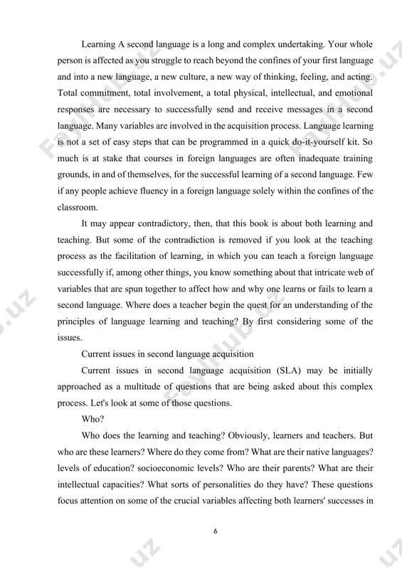 hey have? these questions focus attention on some of the crucial variables affecting both learners' successes in acquiring a foreign language and teachers' capacities to enable learners to achieve that acquisition. the chapters that follow will help to tease out those variables. in the case of the teacher, another set of questions emerges. what is the teacher's native language? experience and/or training? knowledge of the second language and its culture? philosophy of education? personality char­acteristics? most important, how do the teacher and the student interact with each other? what? no simpler a question is one that probes the nature of the subject matter itself. what is it that the learner must learn and the teacher teach? what is communication? what is language? what does it mean when we say someone knows how to use a language? how can both the first and the second language be described adequately? what are …