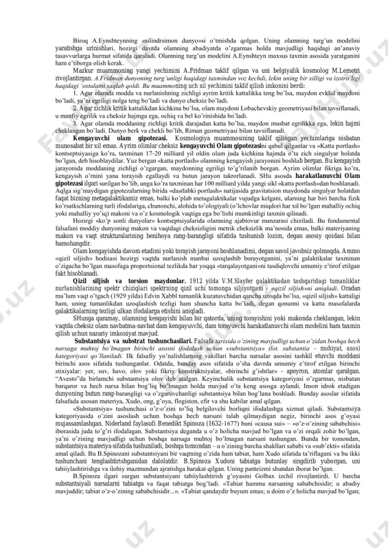 lib qoladi. shunday qilib, o’tgan zamondagi borliq yo’qlikdir, deb aytish mumkin. borliq doim hozirgi zamonda mavjud bo’ladi, u faqat hozirgi zamonda o’zini namoyon etadi, basharti u dolzarb va amalda namoyon bo’lish imkoniyatiga ega bo’lsa, agar u potentsial, ya’ni axborot manbalarida mavjud yoki uning paydo bo’lishi ob’ektiv rivojlanish mantig’i bilan belgilangan bo’lsa. amalda yo’q bo’lgan narsa haqida ideal obraz sifatida fikrlash mumkin. boshqacha aytganda, unga ideal obraz tarzidagi ideal borliq shakl-shamoyilini berish mumkin. o’tmishga tatbiqan biz borliq haqida faqat shu ma’noda so’z yuritishimiz mumkin. ayni shu ma’noda biz g’oyalar, narsalar, voqealar, tarixiy shaxslar yoki o’zimizga yaqin odamlar to’g’risida so’z yuritamiz, bunda ular yo’qlikka aylanmagani, balki yangicha mavjudlik, xotira tarzidagi o’zgacha borliq kasb etganini nazarda tutamiz. shunday qilib, borliq falsafiy kategoriya sifatida dunyoni butun rang-barangligi va turli-tuman namoyon bo’lish shakllari bilan yaxlit aks ettirish imkonini beradi. bunda narsalar, predmet lar, hodisalar o’z xususiyatlari, xossalari bilan jamuljam holda aks etadi. dunyoni va uning …