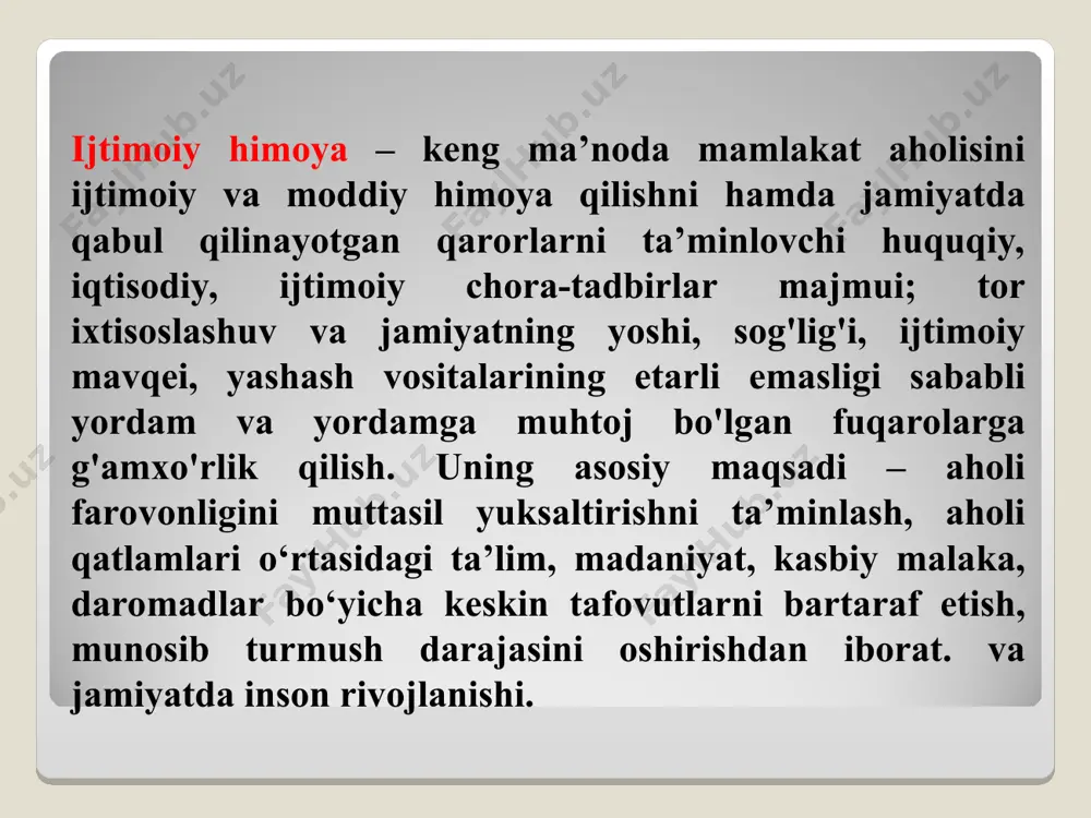 gi - mehnatga layoqatli aholini ijtimoiy foydali mehnatga jalb etish; fuqarolarning shaxsiy va ijtimoiy ehtiyojlarini qondirish bilan bog'liq va qonun hujjatlariga zid bo'lmagan, mehnatdan daromad olish, bandlik ijtimoiy mehnatni taqsimlash asosida xodimni muayyan mehnat kooperatsiyasiga jalb qilish uchun shaxslararo munosabatlarni ifodalaydi. o‘zbekistonda bandlik siyosati bozor iqtisodiyotiga o‘tishning birinchi bosqichida, ya’ni 90-yillarda shakllangan. mamlakatda aholi bandligini ta’minlash, insonning mehnatga bo‘lgan huquqlarini amalga oshirish kafolatlari “aholini ish bilan ta’minlash to‘g‘risida”gi qonun (1992 yil 13 yanvarda yangi tahrirda qabul qilingan; 1998 yil 1 mayda) bilan belgilanadi. o'zbekistonda bandlik muammolari katta e'tibor talab qiladi, chunki respublikada og'ir demografik vaziyat, aholining tabiiy o'sish sur'atlari yuqori, aholining asosiy qismini yoshlar tashkil qiladi, aholining asosiy qismi qishloqlarda istiqomat qiladi. 1998-yilda oʻzbekiston mehnatga layoqatli aholisining 33,9 foizi davlat sektori korxona va tashkilotlarida, 66,1 foizi nodavlat sektori obʼyektlarida, shu jumladan, shaxsiy tomorqa xoʻjaliklarida (2,7 foiz) band boʻldi. bozor iqtisodiyotiga o'tish davrida mulkchilikning turli shakllari paydo bo'lishi tufayli nodavlat sektorida …