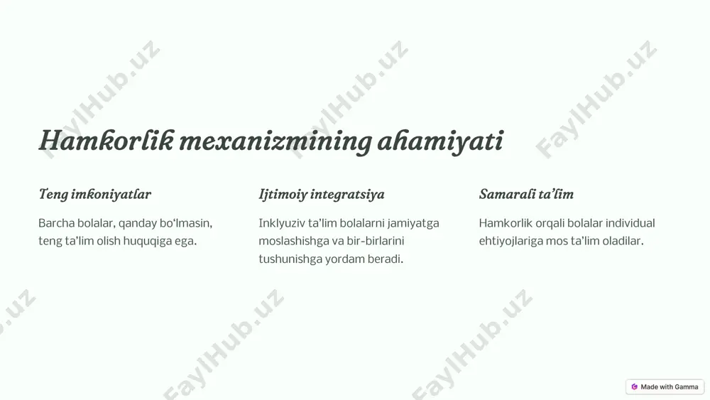 .png ptpk faoliyatining yangi tartibi tartibi 1 hujjatlarni qabul qilish qilish ptpk tomonidan hujjatlar qabul qilingandan so‘ng, qonuniy vakillarga ko‘rik sanasi haqida xabarnoma yuboriladi. 2 ko‘rikdan o‘tkazish ptpk xulosasi asosida bola tegishli ixtisoslashtirilgan ta’lim muassasasi ro‘yxatiga kiritiladi. 3 “g‘amxo‘rlik” guruhlari og‘ir darajadagi sog‘lig‘ida nuqsoni bor bolalarni jamiyatga moslashishiga mo‘ljallangan “g‘amxo‘rlik” guruhlari tashkil etiladi. https://gamma.app/?utm_source=made-with-gamma preencoded.png “g‘amxo‘rlik” guruhlari 1toshkent shahri 2024-yil 1-fevraldan boshlab ixtisoslashtirilgan maktabgacha ta’lim tashkilotlari, maktab, maktab-internatlarda. 2 toshkent viloyati 2024-yil 1-apreldan boshlab ixtisoslashtirilgan maktabgacha ta’lim tashkilotlari, maktab, maktab-internatlarda. 3respublikaning qolgan hududlari 2024-yil 1-avgustdan boshlab maktabgacha ta’lim tashkilotlari, maktab, maktab-internatlarda. https://gamma.app/?utm_source=made-with-gamma preencoded.png “g‘amxo‘rlik” guruhlari: maqsad va imkoniyatlar qisqa muddatli parvarish alohida ta’lim ehtiyojlari bo‘lgan bolalarni qisqa muddatga (4 soatgacha) parvarishlash. ta’lim-tarbiya berish bolalarga ta’lim-tarbiya berish va ularni jamiyatga moslashishiga ko‘maklashish. bepul ta’lim ixtisoslashtirilgan ta’lim muassasalarida tashkil etilgan “g‘amxo‘rlik” guruhida bolalarning ta’lim olishi bepul amalga oshiriladi. https://gamma.app/?utm_source=made-with-gamma preencoded.png bolalar reabilitatsiyasi bo‘limlari tashkil etilish 2024-yil 1-apreldan boshlab nogironligi bo‘lgan shaxslarni reabilitatsiya …