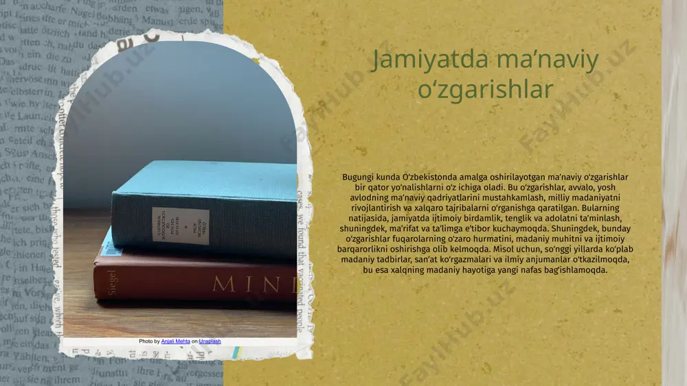 xalqimizning umumbashariy madaniyatga qo‘shgan hissasini belgilaydi. o‘zbekiston xalqaro madaniy almashuvda faol ishtirok etmoqda. bizning an’analarimiz va san’atimiz boshqa mamlakatlar bilan hamkorlikda rivojlanmoqda. amalga oshirilayotgan tashabbuslar va natijalar amalga oshirilayotgan tashabbuslar o'zbekistonda iqtisodiy va ijtimoiy sohalarda bir qator muhim tashabbuslar amalga oshirilmoqda. bu tashabbuslar, asosan, innovatsion texnologiyalarni joriy etish va ta'lim sifatini oshirishga qaratilgan. o‘zbekistonning ma’naviy rivojlanishdagi natijalari o'zbekistonda ma'naviy rivojlanishga qaratilgan tashabbuslar ijtimoiy barqarorlikni ta'minlaydi. bu jarayonlar orqali yoshlarga ma'naviy qadriyatlarni singdirish, ularning madaniyati va kelajagi uchun muhim ahamiyatga ega. ijtimoiy islohotlar ijtimoiy islohotlar doirasida aholi farovonligini oshirish va ijtimoiy xizmatlarni yaxshilashga qaratilgan dasturlar ishlab chiqilmoqda. ushbu islohotlar orqali jamiyatda tenglik va adolatni ta'minlash maqsad qilingan. ta'lim sohasidagi o'zgarishlar ta'lim sohasida amalga oshirilayotgan islohotlar, o'quv jarayonini zamonaviylashtirish va yangi metodologiyalarni joriy etishga qaratilgan. bu o'zgarishlar yosh avlodning bilim va ko'nikmalarini oshirishga yordam beradi. madaniyatni rivojlantirish o'zbekistonda madaniyatni rivojlantirishga qaratilgan tashabbuslar, mahalliy an'analarni saqlash va rivojlantirishga yordam beradi. bu jarayonlar orqali …