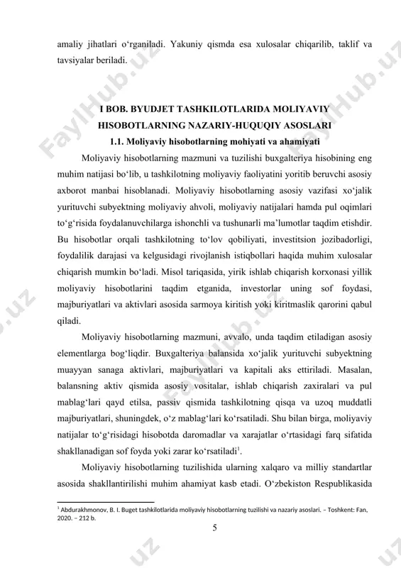 t va kapitaldagi o‘zgarishlar to‘g‘risidagi hisobotdir. shu bilan birga, tushuntirish xati yoki eslatmalar ham moliyaviy hisobotning tarkibiy qismi sifatida muhim axborot beradi. moliyaviy hisobotlarning tuzilishi ularning foydalanuvchilari ehtiyojlariga moslashtirilgan bo‘lishi zarur. masalan, davlat organlari hisobotlar orqali byudjet tushumlarini to‘g‘ri shakllantirish, soliqlarni hisoblash va nazorat qilish imkoniga ega bo‘lsa, kreditorlar tashkilotning qarzdorlik darajasini va qarzlarni qaytarish imkoniyatini baholaydilar. investorlar esa, foyda va rentabellik ko‘rsatkichlariga ko‘proq e’tibor qaratadilar. shu sababli, hisobotlarning tuzilishida shaffoflik, aniqlik va izchillik tamoyillari ustuvor bo‘lishi talab etiladi[footnoteref:2]. [2: ahmedova, d. a. elektron moliyaviy hisobot: milliy va xalqaro tajriba. – samarqand: ilm nuri, 2023. – 198 b.] moliyaviy hisobotlarning mazmunini chuqur tushunishda ularning asosiy elementlarini to‘g‘ri baholash muhim hisoblanadi. masalan, aktivlarning qiymatini belgilashda ularni dastlabki qiymat, tiklash qiymati yoki adolatli qiymat bo‘yicha baholash mumkin. shunday yondashuvlar tashkilotning moliyaviy holatini to‘liq va haqqoniy aks ettirishga yordam beradi. agar asosiy vosita dastlabki qiymat bo‘yicha balansga kiritilgan bo‘lsa, eskirish hisobga olingach, uning …