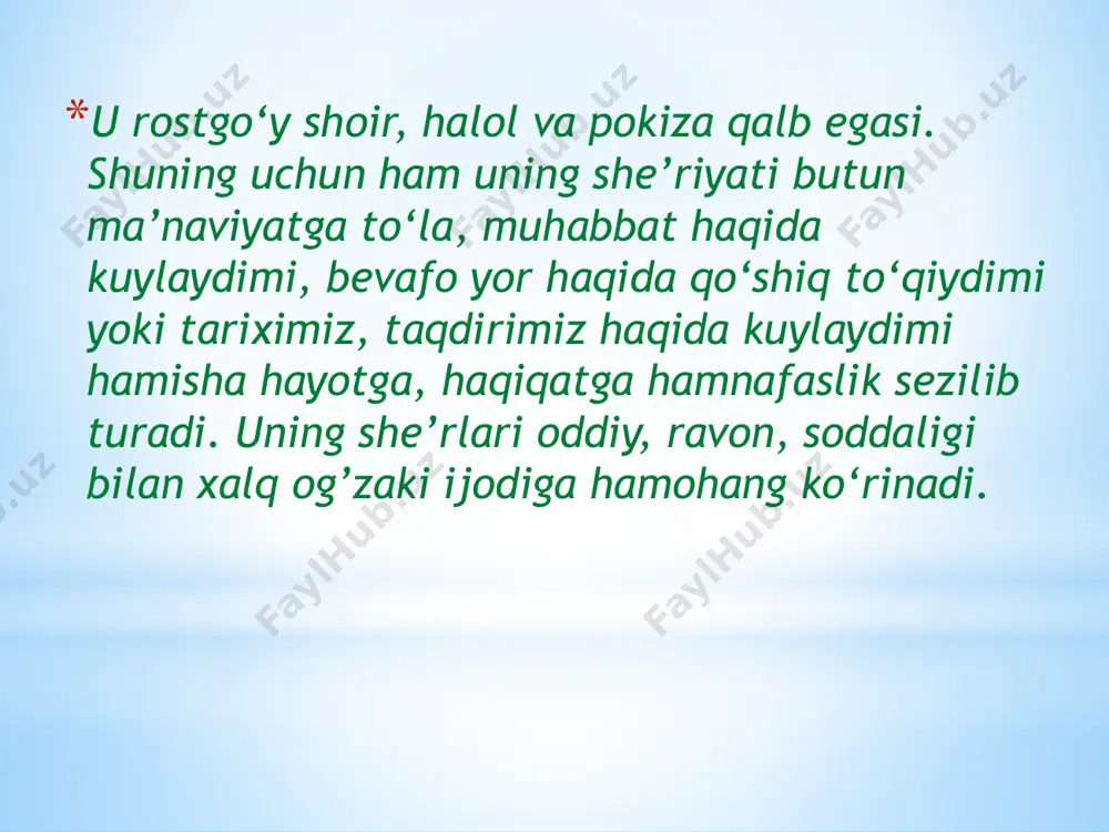 desang osmonlarga g`irot bo`lib uchgayman, chambil yurtda alpomishga navkar bo`lib tushgayman, padarkushdan pana qilib ulug`beging quchgayman, g`ichir-g`ichir tishimdagi so`lig`imsan, vatanim… o`tgan kuning – o`tgan kundir, o`z boshingga yetgan kun, qodiriyni bergan zamin, qodiriyni sotgan kun. qo`lin bog`lab, dilin dog`lab, yetaklashib ketgan kun, voh bolam! deb aytolmagan dudug`imsan, vatanim. yoningda qon yig`lagan bir shoiringga qarab qo`y, gar qo`qonga yo`ling tushsa, detdomlarni so`rab qo`y. hech bo`lmasa usmon hokin keltirmoqqa yarab qo`y, olislarda qurib qolgan qudug`imsan, vatanim… sen – shoxlari osmonlarga tegib turgan chinorim, ota desam, o`glim deb, bosh egib turgan chinorim, qo`ynimdagi iftixorim, bo`ynimdagi tumorim, o`zing mening ulug`lardan ulug`imsan, vatanim ! shoir o`z oilasi davrasida “klasster”usuli m.yusuf vatanparvar buyuk shoir mehribon fidoiy vazifa: m.yusufning “o`zbekiston” she’rini yodlash . (“saylanma” 267-bet) e`tiboringiz uchun rahmat image1.jpeg image2.jpeg image3.jpeg image4.jpeg image5.jpeg image6.jpeg image7.jpeg image8.jpeg image9.jpeg image10.jpeg image11.jpeg image12.jpeg image13.jpeg image14.emf _________microsoft_word.docx image15.emf _________microsoft_word1.docx