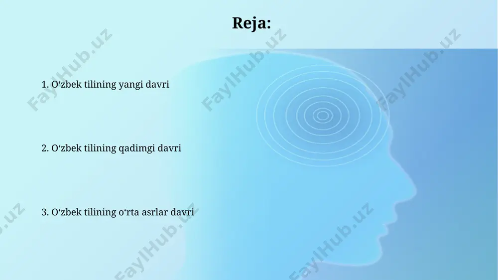 iy tilining shakllanishida xv-xvi asrlarda navoiyning taʼsiri beqiyos boʻlib, adabiy tilning mustahkamlanishiga va uning adabiyotda qoʻllanilishining kengayishiga 20 dan ortiq asarlari bilan hissa qoʻshgan. xix asrning ikkinchi yarmidan boshlab, yozma oʻzbek tilida yangi adabiy janrlar, masalan, publisistik va badiiy adabiyotning rivojlanishi kuzatildi, bu jarayonda lotin va kirill alifbolari taʼsiri sezilarli boʻldi. sovet davri va oʻzbek tili sovet davrida o'zbek tilida 3000 dan ortiq yangi so'z va iboralar paydo bo'lib, lug'at boyligini kengaytirdi, lekin bu jarayonda rus tilidan ko'plab so'zlar kirib keldi. 1920-1930 yillarda o'zbek yozuvi lotin alifbosiga o'tkazilib, keyinchalik kirill alifbosiga o'zgartirildi, bu esa til rivojiga salbiy ta'sir ko'rsatdi. e'tiboringiz uchun rahmat @taqdimot_robot image2.jpg image3.jpg image4.jpg image5.jpg image6.jpg image7.jpg image8.jpg image1.png