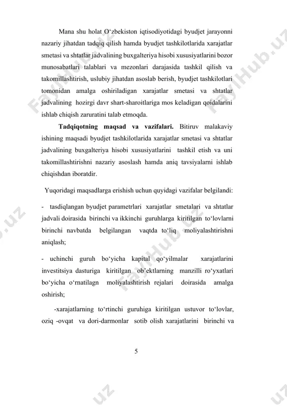 va me’yoriy xujjatlardan keng foydalanildi. himoyaga olib chiqilayotgan asosiy holatlar: · byudjet tashkilotlarida xarajatlar smetasi va shtatlar jadvalining elementlarini tashkil etishning ilmiy asoslanganligi; · byudjet tashkilotlarida xarajatlar smetasini va shtatlar jadvalini tuzish ko‘rib chiqish va tasdiqlash tartibining hususiyatlari ochib berilganligi; · byudjet tashkilotlari xarajatlar smetasi va shtatlar jadvali ijrosi xisobining usullari belgilanganligi. tadqiqotning ilmiy yangiligi. tadqiqot ishi bo‘yicha erishilgan natijalar quyidagilarda o‘z ifodasini topgan: · byudjet tashkilotlarida xarajatlar smetasi va shtatlar jadvalini tashkil etish ilmiy jihatdan asoslandi; · byudjet tashkilotlari xarajatlar smetasi va shtatlar jadvali ijrosining xisobi tamoyillari va uslubiy asoslari ochib berildi; · byudjet tashkilotlarida xarajatlarni to‘lashning bank-mijoz tizimining hozirgi holati tadqiq qilindi; · byudjet tashkilotlari xarajatlar smetasi va shtatlar jadvalining ijrosini va nazoratini takomillashtirish bo‘yicha takliflar ishlab chiqildi; tadqiqotning amaliy ahamiyati. tadqiqot natijasidan olingan ilmiy, amaliy xulosalar, taklif, muloxazalar byudjet tashkilotilari hisobini tashkil etish uslubiyotini takomillashtirish imkonini beradi. tadqiqot ishining tarkibiy tuzilishi va xajmi. ilmiy ish kirish, uchta …