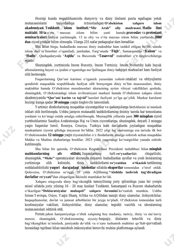 yorlash, masjidlar va fatvo boʻlimlari bor. toshkent islom institutida (1971) va oʻnta oʻrta maxsus islom bilim yurti (shulardan 2 tasi xotin-qizlar bilim yurti)da kadrlar yetishtiriladi. idora muassisligida „hidoyat“ jurnali va „islom nuri“ gaz. nashr etiladi. idora tasarrufidagi „movarounnahr“ nashriyoti diniy adabiyotlar, diniy taqvim va boshqalarni chop etadi. musulmonlar idorasi xorijiy mamlakatlardagi koʻpgina diniy tashkilotlar bilan aloqa qiladi. har yili davlat tomonidan belgilangan kvota asosida minglab kishining haj safarini uyushtirishda faol ishtirok etadi. idora oʻz faoliyatida oʻzbekiston respublikasining konstitutsiyasi, „vijdon erkinligi va diniy tashkilotlar toʻgʻrisida“gi qonunga rioya qiladi. muftiylar: oʻrta osiyo va qozogʻiston musulmonlari diniy boshqarmasi  eshon boboxon ibn abdulmajidxon (1943—1957)  ziyovuddinxon ibn eshon boboxon (1957—1982)  shamsiddinxon boboxonov (1982—1989)  muhammad sodiq muhammad yusuf (1989—1992) movarounnahr musulmonlari idorasi  muhammad sodiq muhammad yusuf (1992—1993)  muxtorjon abdullayev (1993—1996) o‘zbekiston musulmonlari idorasi  muxtorjon abdullayev (1996—1997)  abdurashid bahromov (1997—2006)  usmonxon olimov (2006—2021) [1][2]  nuriddin xoliqnazarov (2021—hozirgacha) …