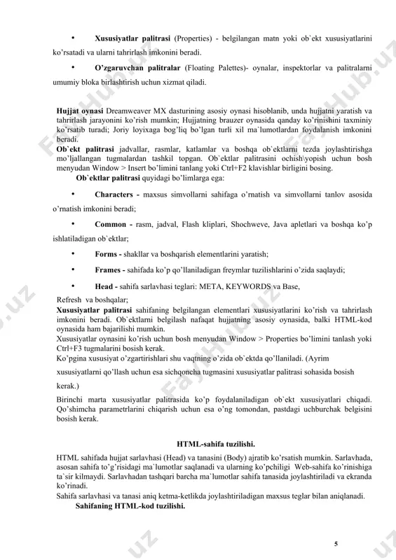 uda muhim tushuncha bilan tanishib utamiz. lokal web-sayt - ishlab chiquvchi kompyuterida joylashgan web-saytning «xaqiqiy» nusxasi hisoblanadi. tarmoqda undan foydalana olmaymiz; undan faqat muallifgina foydalanishi mumkin. boshqacha qilib aytganda, saytni internetga joylashtirishdan oldin saytning fayllari kompyuteringiz qattiq diskida bo’lishi shart va bu lokal sayt deb ataladi. lokal saytning barcha sahifalari diskning aniq katalogi ichida saqlanadi. bu katalogni biz saytning lokal papkasi yoki oddiy qilib, sayt papkasi deb ataymiz. lokal web-saytni aniqlash uchun site definition oynasidan foydalanamiz. oyna bosh menyuning (site>new site…) bo’limi orqali ishga tushiriladi. site palitrasi - saytning fayllarini (web-sahifalarni) ko’rish uchun mo’ljallangan. birinchi ochiladigan ro’yxatda dasturda aniqlangan sayt nomini tanlaysiz. palitraning asosiy sohasida ushbu saytning barcha fayllari ro’yxati paydo bo’ladi. ixtiyoriy fayl ustida sichqoncha tugmasini ikki marta bosish joriy sahifani hujjat oynasida tahrirlash imkonini beradi. shuningdek, ushbu palitra yordamida saytni internet tarmog’ida joylashtirish jarayoni ham amalga oshiriladi. bu jarayonlarni keyirok kurib chikamiz. web-sahifada matnli ma`lumotlarni joylashtirish va formatlash. …