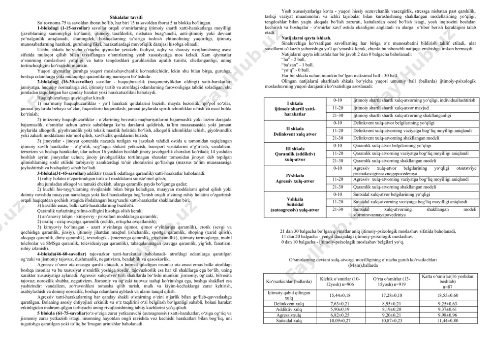 . men oʻqishni va ishlashni xohlamayman. 17. men uydan ketib, boshqa joyda yashashim mumkin. 18. meni yomon xulq-atvorim uchun militsiyaga olib ketishgan. 19. agar menga kerak boʻlsa yoki chindan ham xohlasam, boshqa birovni narsasini olishim mumkin. 20. men voyaga yetmaganlar ishlari boʻyicha boʻlimda roʻyxatga olinganman. 21. meni koʻpincha atrofdagilar xafa qilishadi (laqab qoʻyishadi, kaltaklashadi, pul va narsalarni olib qoʻyishadi). 22. meni sudlangan qarindoshlarim yoki tanishlarim bor. 23. menda amalga oshishi kerak boʻlgan kuchli istaklarim bor. 24. menda adolatni tiklash uchun qasos olish istagi bor. 25. men atrofdagilarga ishonmayman. 26. men buyuk va kuchli boʻlishni xohlayman. 27. men umidsizlikni, xafagarchilikni, kuchsiz gʻazabni his qilyapman. 28. men sinfdoshlarimga, boshqa odamlarga, kattalarga hasad qilaman. 29. agar mumkinbo‘lmasa, ammochindan xohlasangiz, undamumkin. 30. kuchli va boy odamlar barcha qoidalar va qonunlarga rioya qilishlari shart emas. 31. menda tamaki chekaman. 32. men pivo yoki boshqa spirtli ichimliklar iste’mol qilaman. 33. menboʻyoq, yelimni xidlab ko‘rganman va psixotrop …