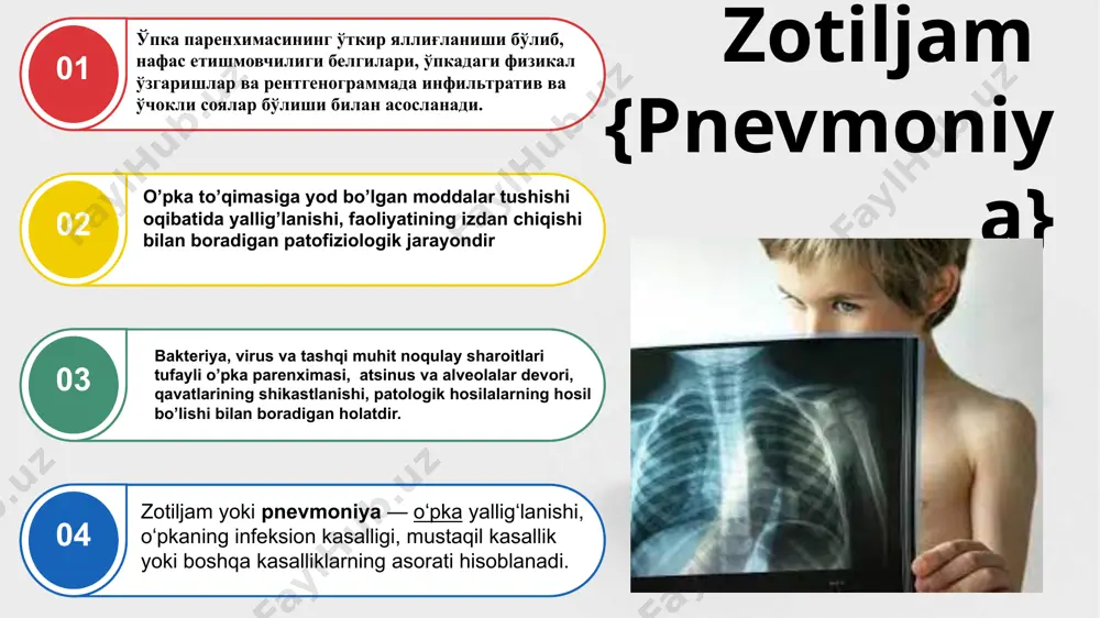 asoratli: toksikoz, plevrit, o’pka diskrutsiyasi, dvs sindromi, otit, meningit, asoratsiz.. kasalxonadan tashqari. kasalxona ichi kechuvi bo’yicha asoratiga ko’ra kechuvi bo’yicha o’tkir cho’zilgan o’choqli zotiljam 01 02 03 04 q ’choqli pnevmoniya - o’pkaning eng ko’p uchraydigan yallig’lanish turi bo'lib, erta yoshdagi bolalarda, maktabgacha va maktab yoshidagi bolalarda turli hil kechadi. "o'pka" (respirator) shikoyatlar, intoksikatsiya simptomlari rivojlanishi va to'satdan boshlanib, 3 kun ichida klinik ko'rinishi yaqqollashadi klinikasi “o’pka” shikoyatlari yuqori nafas yo’harining kamayib boruvchi katari fonida kuchayadunam yo’tal, hansirash, ba’zidako'krak qafasiningyon tomonida og’riq paydo bo'ladi. shovqinli ekspirator hansirash pnevmoniya uchun xos emas. klinik qon tahlilida leykositoz, leykoformulaning chapga siljishi, echt ortishi kuzatiladi. “o'pka" (respirator) shikoyatlar, klinik qon tahlilida leykositoz, leykoformulaning chapga siljishi, echt ortishi kuzatiladi. segmentar pnevmoniya o ’choqli pnevmoniya bir yoki bir necha segmentni egallasa segmentar pnevmoniya deb ataladi. a b d uchinchi variantida segmentar soya birdan paydo bo’lmaydi, balki kasallikning birinchi va ikkinchi haftalarida paydo bo'ladi. birinchi variantda kasallikning …