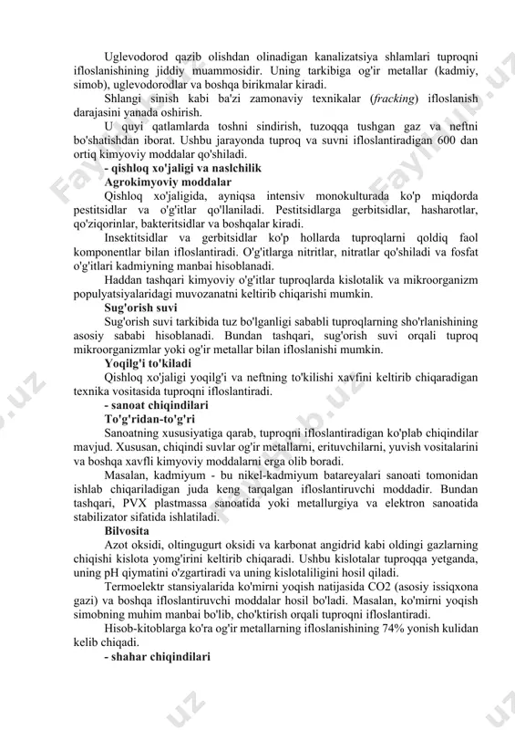arayonlar (biotransformatsiya va biodegradatsiya). - tuproq sifat ko'rsatkichlari biologik ko'rsatkichlar tuproqdagi biologik faollikni baholashga imkon beradigan nafas olish darajasi juda muhim ko'rsatkichdir. organik moddalarning parchalanishi natijasida hosil bo'lgan karbonat angidrid gazining evolyutsiyasidan o'lchanadi. o'z navbatida biologik faollik namlik, harorat, kislorod miqdori va tuproqdagi organik moddalar kabi omillarga bog'liq. boshqa biologik ko'rsatkichlar uglerod azotining minerallashuvi, azotning fiksatsiyasi, umumiy biomassasi va ba'zi fermentlarni o'lchashdir. namlik tarkibi tuproqdagi biologik jarayonlarning rivojlanishi uchun optimal namlik miqdori mavjud. bu bo'shliqning 60% atrofida joylashgan, chunki namlik yuqori bo'lishi kislorod mavjudligiga ta'sir qiladi. tuproq unumdorligi hosildorlik o'simliklarning oziqlanishi uchun muhim mineral elementlarning tarkibi va mavjudligi bilan ham beriladi. bularga makroelementlar (azot, fosfor, kaliy, kaltsiy, magniy va oltingugurt) va mikroelementlar (temir, rux, marganets, bor, mis, molibden va xlor) kiradi. kislota u tuproq eritmasidagi vodorod ionlarining miqdori bilan aniqlanadi. vodorod ionlari qancha ko'p bo'lsa, tuproq shuncha ko'p kislota hosil qiladi va bu ma'lum ozuqa moddalarining mavjudligiga ta'sir qiladi. ko'pgina …
