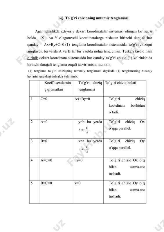 tsenti k bilan xarakterlanadi, u to`g`ri chiziqning ox o`qqa og`ish burchagi y ning tangensi kabi aniqlanadi, ya`ni k=tgy ox o`qqa perpendikulyar bo`lgan to`gri chiziq bundan istisno, chunki uning burchak koeffitsenti yo`q. burchak koeffitsenti k bo`lgan va oy o`qni ordinatasi (boshlang`ich ordinata) k ga teng bo`lgan nuqtada kesib o`tadigan to`g`ri chiziqning tenglamasi ushbu ko`rinishda bo`ladi (5-chizma): y=kx+b. umumiy tenglamasi ax+by+c=0 bilan berilgan to`g`ri chiziqning burchak koeffitsenti y ning x orqali ifodasida x oldidagi koeffitsent kabi topiladi: . ikkita nuqtasi a(xa;ya) va b(xb;yb) bilan berilgan to`g`ri chiziqning burchak koeffitsenti k ushbu formula bo`yicha hisoblanadi: (2) misol. oy ning manfiy yarim o`qidan 2 birlikka teng kesma ajratuvchi ox o`q bilan y=30º burchak tashkil qiluvchi to`g`ri chiziqning tenglamasi yozilsin. yechilishi. to`g`ri chiziq oy o`qni b(0;-2) nuqtadan kesadi va burchak koeffitsentga ega. (1) tenglada va b=-2 deb, izlanayotgan tenglamani hosil qilamiz: yoki, 5-chizma 3-§. to`g`ri chiziqning kesmalar bo`yicha tenglamasi. to`g`ri chiziqning kesmalar bo`yicha tenglamasi deb, …