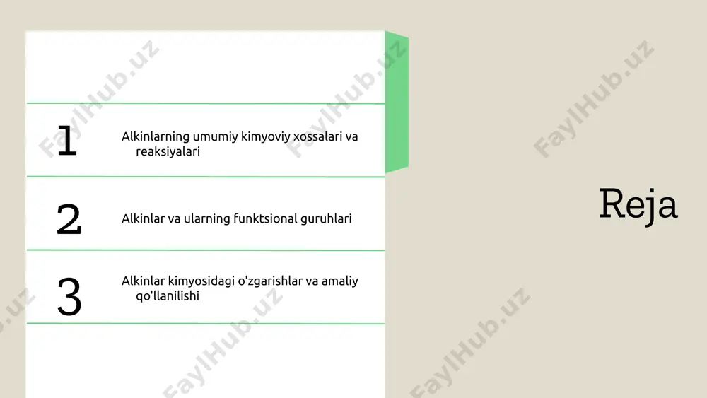 a muhim rol o'ynaydi, masalan, yangi organik birikmalarni ishlab chiqarishda. shuningdek, alkinlar dori vositalarini tayyorlashda ham keng qo'llaniladi, bu esa ularning farmatsevtik ahamiyatini ko'rsatadi. energiya manbai sifatida, alkinlar, ayniqsa, gaz shaklida, energiya ishlab chiqarish va transport vositalarida qo'llaniladi. alkinlarning kimyo sanoatidagi qo'llanilishi: 1. kimyoviy sintezda roli: yangi organik birikmalarni ishlab chiqarish. 2. dori vositalarini ishlab chiqarish: farmatsevtik birikmalar tayyorlash. 3. energiya manbai: gaz shaklida energiya ishlab chiqarish va transportda foydalanish. alkinlar va ularning xususiyatlari alkinlarning fizik va kimyoviy xususiyatlari. alkinlarning qaynatish va erish nuqtalari molekular massaga bog'liq. masalan, etin (c2h2) -80 °c dan yuqori qaynatish nuqtasiga ega, katta alkinlar esa yuqori qaynatish nuqtasiga ega bo'lishadi. bu, ularning strukturasiga va intermolekulyar kuchlarga bog'liq. kichik alkinlar, masalan, propin (c3h4) va butin (c4h6), yuqori reaktivlikka ega. ular, asosan, elektrofil va nukleofillarga reaksiya berishadi, chunki ularning uchli bog'lari juda reaktivdir. turli alkinlar orasida farqlar mavjud. 1-butinin va 2-butinin, masalan, turli fizik xususiyatlar va reaktivlikda …