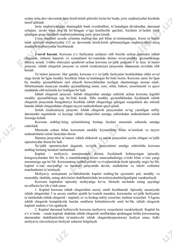 kin. zaxiralar – hisobot yilida korxona tomonidan kelgusi xarajatlar va to‘lovlarni amalga oshirish va ularni ishlab chiqarayotgan mahsulot tannarxiga bir maromda qo‘shib borish uchun ichki imkoniyatlar hisobidan tuziladigan jamg‘armalardir. ularga dargumon karzlar bo‘yicha rezervlar, ishchilarga mehnat ta’tili uchun rezervlar, asosiy vositalarni ta’mirlash uchun rezervlar va boshqalar kiradi. maqsadli tushumlar – ma’lum bir maqsadlar uchun kelib tushayotgan pul mablag‘lari kiradi. ularga grant, subsidiya, a’zolik badallari, maqsadli foydalanish uchun soliqlar bo‘yicha imtiyozlar va boshqalar kiradi. korxona majburiyatlari bo‘lib korxonaning jalb qilingan mablag‘lari kiradi. ular o‘z vaqtida ikkiga bo‘linadi: qisqa va uzoq muddatli majburiyatlarga. joriy majburiyat sifatida quyidagilar e’tirof etiladi: 1. hisobot kunidan boshlab 12 oy davomida hisob-kitob qilinadigan majburiyatlar; 1. majburiyatlarning qolgan moddalari joriy emas, ya’ni uzoq muddatli xisoblanadi. joriy majburiyatlar: tavsifi joriy aktivlar tavsifiga o‘xshashdir. kreditorlik qarzi ish haqi, soliqlar bo‘yicha qarzlar va boshqa operatsiya xarajatlari bo‘yicha qarzlar kabi ayrim joriy majburiyatlar joriy aktivlar hisobidan hisob-kitob qilishni talab qiladi, chunki sub’ektning …