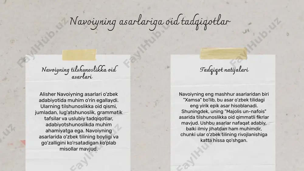 ng o‘z g‘oyalarini qanday qilib tushuntirishi. xulosa qismida esa muallif o‘z fikrlarini jamlab, o‘quvchilarga chuqur mulohaza yuritishga chaqiradi. ularning mazmuni misol 1: kirish qismi misol 2: xulosa qismi asarning zamonaviy tilshunoslikka ta'siri. o'zbek tilidagi lug'atga qo'shgan hissasi. o'zbekiston respublikasi davlat statistika qo'mitasi ma'lumotlari: 2022 yilda 2000 dan ortiq yangi so'zlar kiritilgan. o'zbek tilida navoiyning asarlaridan 1500 ta so'z mavjud. zamonaviy tilshunoslik ta'siri lug'atga hissasi statistik ma'lumotlar muhokamat-ul lug'atayn va zamonaviy tilshunoslik asarning tahlili va muhokamasi muhokamat-ul lug'atayn asarini tahlil qilishda bir nechta usullar mavjud. avvalo, asarning til va uslubini o'rganish, uning ma'naviyati va ma'no qatlamlarini aniqlash muhimdir. buning uchun, muallifning ishlatgan so'zlari va iboralarini tahlil qilish orqali uning fikrlarini chuqurroq tushunish mumkin. muhokamat-ul lug'atayn asarining tahlil qilish usullari asarda muhim g'oyalar va fikrlar mavjud bo'lib, ulardan biri, tilni o'rganish va uning ahamiyatini oshirishdir. navoi, tilni nafaqat aloqa vositasi sifatida, balki ma'naviyatni ifoda etuvchi kuchli vosita sifatida ko'radi. bu g'oyalar, kelajak …