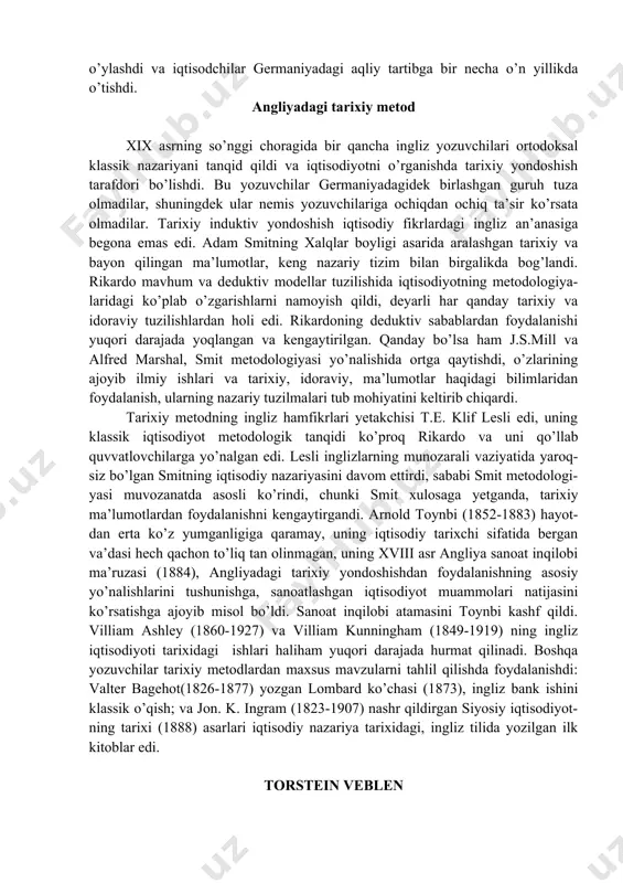 arga taaluqli edi. mengerning kitobi iqtisodiy va ijtimoiy fanlardagi metodologik muammolarni umumiy tekshirishni o’z ichiga olardi, lekin u shuningdek, tarixiy yo’nalish xatolariga qarshi munozarani boshlab berdi. shmoller bunga javoban kurashga kirishdi. menger shmollerning javobiga raddiya nashr qildi, qolganlar bu bahsga qo’shilishdi. ikkala taraf ham munozaraga kirishdi va o’zlari-ning metodologik yo’llaridan haqiqiy va o’ziga xos tarzda foydalanishlari haqida bahslashdilar. shumpeter ta’kidlaganidek, ikkala taraf ham o’zlarining metodolo-giyalarida diqqatga sazovor atamalardan foydalanishdi: amaliy, haqiqiy, zamona-viy, aniq, taxminiy, samarasiz va ikkinchi darajali. ularning munozarali qarashlarida iqtisodiy adabiyotning yakuni ahamiyat-siz, yo’q bo’lgandek yakunlanadi va iqtisodiyotni tartibli rivojlanishiga zararli deb hisoblanadi, chunki ularning qobiliyatli zehnlarini o’zlarining davrlaridagi ma’nosiz munozara egallab olgan. boshqacha aytganda bu munozara iqtisodchi-larga nazariya va tarixni, induksiya va deduksiyani tushunishga yordam bergan, mavhum modellar yaratish va statistikaga oid ma’lumotlar to’plash ularning tartiblarida o’zaro o’ziga xos emasdi. individual iqtisodchilar o’zlarining ko’plab sa’y-harakatlarini faqatgina bu metodlardan biriga ajratish moyilligiga qaramasdan sog’lom va turli xil metodo-logik …