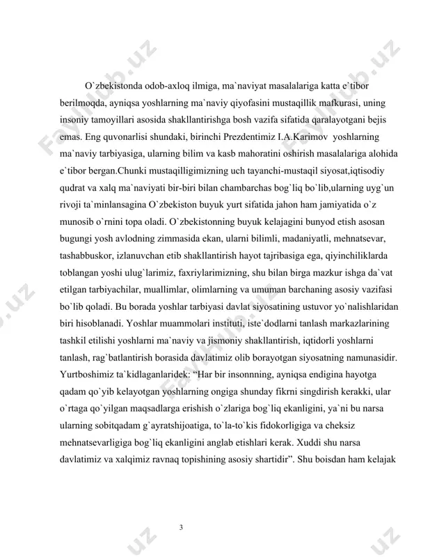 agi tarbiya poydevorini ta`lim maskanlarida ham uyg`un ravishda mustahkam qo`yilishiga e`tibor qaratilish kerakdir. har qanday mustaqil davlat o’zining iqtisodiy, siyosiy ma’naviy-ma’rifiy sohalari bo’yicha tayanch yo’nalishlarni belgilab oladi. ushbu yo’nalishlar asosida asosiy maqsad va vazifalar aniqlanadi. xuddi shuningdek o’zbekiston respublikasi ham turli hayot sohalar bo’yicha o’z yo’nalishlarini, maqsad va vazifalarini belgilab oldi. hamda ularni hal qilinishi davlat, millatning porloq kelajagini belgilab beradi. o’zbekiston respublikasi mustaqillikka erishgandan so’ng mamlakatimiznining iqtisodiy-ijtimoiy, manaviy-ma’rifiy rivojlantirish jarayonida keskin o’zgarishlar sodir bo’ldi. bu o’zgarishlar ayniqsa ta’lim sohasini tubdan isloh qildi. «ta’lim to’g’risidagi qonun» asosida ta’limning quyi bosqichidan boshlab oliy ta’lim tuzilishiga yosh avlodni ta’lim tuzilishiga yosh avlodni ta’lim-tarbiyasini sifat jixatidan qayta ko’rib, uni yangilashga muvaffaq bo’lindi. yosh avlodni tarbiyalash murakkab va ko’p qirrali jarayon. yoshlarni har tomonlama ham aqlan, ham jismonan barkamol, axloqan yetuk, ma’naviy pok qilib tarbiyalash shu kunning muxim va dolzarb muammolaridan biriga aylanib qoldiki, bu davr va bugungi turmushimizning taqozosidir. oila jamiyatning ajralmas zarur …