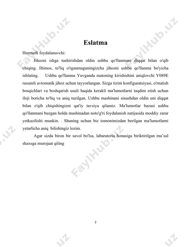 ’rnatilishi mumkin ichki barabanning diametri 520±1 mm ichki baraban chuqurligi 315±1 mm ichki baraban va tashqi orasidagi masofa 28±1 mm ko’tarish eshkagi 3; har biri alohida 120 ° ko’tarish balandligi 53±1 mm barabanning tashqi diametri 554±1 mm barabanning aylanish tezligi yuvish: 52 ± 1 ayl/min aylanish : (past tezlik: 500 ± 20 ayl/min yuqori tezlik: 800 ± 20 ayl/min) suvni to’ldirish vaqti ＜2 min. quritish vaqti ＜1 min. isitish elementining quvvati 5.4±2% kvt nominal yuklash ≤5 kg suv darajasi sensori past - 10 sm, baland - 13 sm o’lchamlari 810×700×1230 mm (uxexв) quvvatlantirish manbai 220 v o’zgaruvchan tok, 50 hz, 7.5 kvt og’irligi 250 kg 3. umumiy tushunchalar 3.1 tuzilishi 1-rasm. umumiy tuzilishi 1. yuvish vositasi tortmasi 4. quvvat tugmasi 7. ishchi qism 2. qurilma nomi / modeli 5. dumaloq shisha eshik 8. suv pompasi / filtri 3. sensorli ekran 6. tutgich 9. tishli oyoqlar 3.2 boshqarish paneli boshqarish moslamasi …