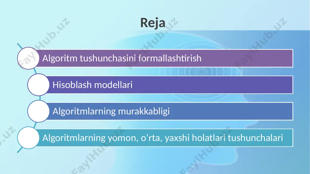 an koʻrsatmalar uning uchun tushunarli boʻlishi shart, aks holda ijrochi oddiy amalni ham bajara olmay qolishi mumkin aniqlik ya‘ni ijrochiga berilayotgan koʻrsatmalar aniq mazmunda boʻlishi lozim hamda faqat algoritmda koʻrsatilgan tartibda bajarilishi shart algoritmning asosiy xossalari ommaviylik ya‘ni har bir algoritm mazmuniga koʻra bir turdagi masalalarning barchasi uchun yaroqli boʻlishi lozim natijaviylik ya‘ni har bir algoritm chekli sondagi qadamlardan soʻng albatta natija berishi lozim algoritmning tasvirlash usullari soʻzlar orqali formulalar yordamida jadval koʻrinishida dastur shaklida algoritmik tilda grafik shaklda algoritmlar berilishi va ifodalanishiga qarab: chiziqli hech qanday shart tekshirilmaydigan va tartib bilan faqat ketma-ket bajariladigan jarayonlarni ifodalaydigan algoritmlar tarmoqlanuvchi ketma-ket bajariladigan jarayonlarda biror bir shartga ko’ra tekshiriladigan algoritmlar takrorlanuvchi ketma-ket bajariladigan jarayonlarda uzlukli bo’lgan takrorlanish jarayoni ishlatiladigan algoritmlar algoritmlarning murakkabligi hisoblash muammolari cheklangan xotira resurslaridan foydalangan holda oqilona vaqt ichida yechilishi kerak. bu algoritmning vaqt va fazoviy murakkabligi tushunchasiga olib keladi. qoida tariqasida, algoritm turli vaqtlarda bajarishi mumkin boʻlgan turli …