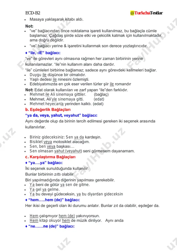 : • üç yıldır ne bir telefon açtı, ne de bir mektup yazdı. • onu ne gördüm ne de tanıdım. • ne aradı ne (de) sordu. • ne kızı verir, ne de dünürü küstürür. • ne doğan güne hükmüm geçer, ne halden anlayan bulunur. * cümleleri -yapı bakımından olumlu oldukları hâlde- olumsuz yapar. yüklem olumlu durumdadır. • ne kendi rahatsız oldu ne de halkı huzursuz etti. (kendisi rahatsız olmadı, halkı da huzursuz etmedi) yüklem olumsuz çekimlenirse anlatım bozukluğu meydana gelir. • ne çay ne kahve içmedi. ⇒ “ne çay içti ne kahve.” olmalıydı. * zıt anlamlı iki sıfatla birlikte kullanılarak onların arasında bir durum ifade eder. • dışarıdaki hava ne soğuk ne sıcak. • yaptığı işe ne kolay ne de zor denebilir. not: “ne zor, ne acı günler yaşadık” örneğinde “ne zor” ve “ne acı” sözleri ayrı ayrı da (biri olmadan) kullanılabileceği için buradaki “ne”ler bağlaç oluşturmaz. ♦ “de….de, gerek……gerek, …