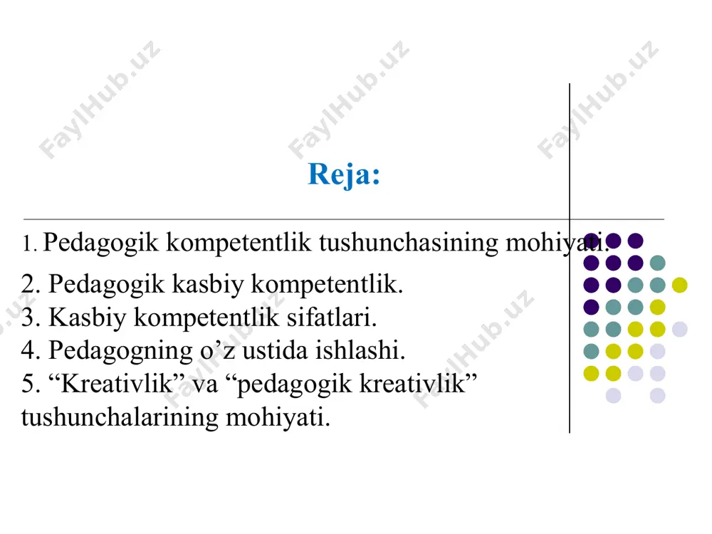 ntlik – izchil ravishda kasbiy o’sishga erishish, malaka darajasini oshirib boorish, kasbiy faoliyatda o’z ichki imkoniyatlarini namoyon qilish. texnologik kompetentlik – kasbiy-pedagogik bkmni boyitadigan ilg’or texnologiyalarni o’zlashtirish, zamonaviy vosita, texnika va texnologiyalardan foydalana olish. ekstremal kompetentlik – favqulotda vaziyatlar (tabiiy ofatlar, texnologik jarayon ishdan chiqqan)da, pedagogik nizolar yuzaga kelganda oqilona qaror qabul qilish, to’g’ri harakatlanish malakasiga egalik. tarkibiy asoslari maxsus yoki kasbiy kompetentlik (kasbiy faoliyatni yuqori darajada tashkil etish) individual kompetentlik (o’z-o’zini boshqarish, kasbiy rivojlanish va yangiliklar yaratish) ijtimoiy kompetentlik (qo’shimcha faoliyatni hamkorlikda tashkil etish) shaxsiy kompetentlik (o’z-o’zini rivojlantirish, o’z-o’zini namoyon etish) pedagogik kompetentlikning muhim tarkibiy asoslari (a.k.markova) o’z ustida ishlash – shaxs yoki mutaxassis tomonidan o’zini ijtimoiy hamda kasbiy jihatdan rivojlantirish, kamolotga erishish yo’lida maqsadli, izchil, tizimli harakatlarning tashkil etishi mutaxassisning o’z ustida ishlashi quyidagilarda ko’rinadi: - kasbiy bkmni takomillashtirib borish; - faoliyatga tanqidiy va ijodiy yondashish; - kasbiy va ijodiy hamkorlikka erishish; - ishchanlik qobiliyatini rivojlantirish; - salbiy …