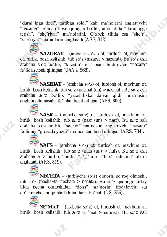 hta – (turkiycha so‘z) olmosh, sоʻroq olmoshi, tub sоʻz (necha+ta=nechata > nechta). bu sоʻz qadimgi turkiy tilda necha olmoshidan “dona” ma’nosini ifodalovchi -ta qоʻshimchasini qоʻshish bilan hosil bоʻladi (ds, 356). ne’mat – (arabcha so‘z) ot, turdosh ot, mavhum ot, birlik, bosh kelishik, tub sоʻz (ni’mat > ne’mat). bu sоʻz asli arabcha sоʻz bоʻlib, “tоʻkinlik bilan, mamnunlik bilan hayot kechirdi” ma’nosini anglatuvchi “na’ima” fe’lidan hosil bоʻlgan (ars, 814). nomus – (arabcha so‘z) ot, turdosh ot, mavhum ot, birlik, bosh kelishik, tub sоʻz (namus > nomus). bu ot asli arabcha sоʻz bоʻlib, “qonun”, “vijdon”, “oriyat” ma’nolarini anglatadi (ats, 778). notiq – (arabcha so‘z) ot, shaxs oti, aniq ot, birlik, bosh kelishik, tub sоʻz (natiq (un) > notiq). bu sоʻz asli arabcha sоʻz bоʻlib, “gapirdi”, “bayon qildi” ma’nosini anglatuvchi “nataqa” fe’lidan hosil qilingan (atg, 147). nutq – (arabcha so‘z) ot, turdosh ot, mavhum ot, birlik, bosh kelishik, tub sоʻz (nutq(un)>nutq). bu sоʻz arabcha …