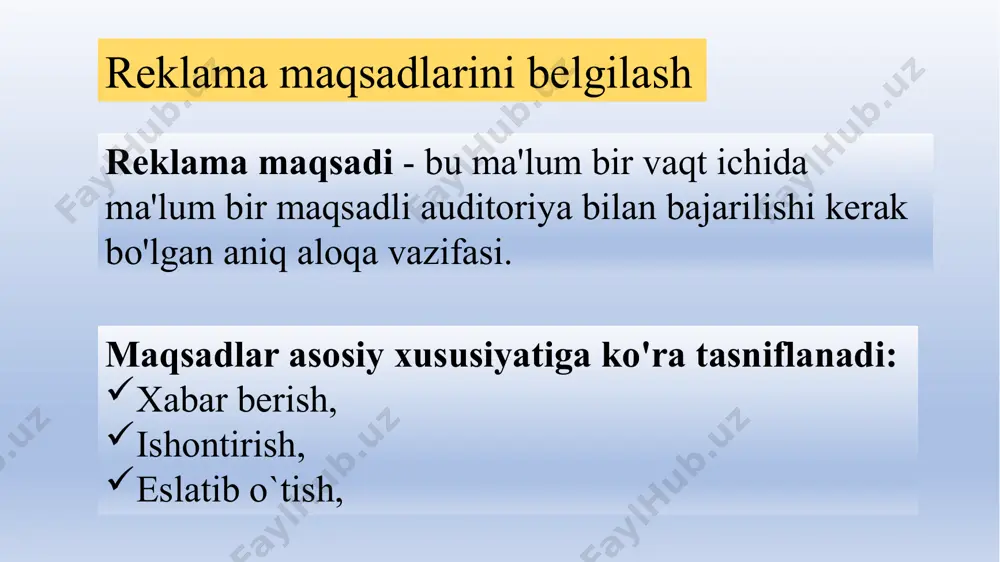 . reklama xabari va brend mazmunini yaratish reklamalar tartibsizlikni yorib o'tishi kerak: - e'tiborni jalb qilish, - yaxshi muloqot qilish. reklama xabarini yaratish reklama xabarini yaratish xabar strategiyasi ijodiy konsepsiya xabar bajarilishi samarali reklama mazmunini yaratishda birinchi qadam iste'molchilarga yetkaziladigan xabar strategiyasini - umumiy xabarni rejalashtirishdir. reklamaning maqsadi iste'molchilarni mahsulot yoki kompaniyaga ma'lum bir tarzda munosabatda bo'lish yoki unga munosabat bildirishdir. ijodiy kontseptsiya reklama kampaniyasida qo'llaniladigan maxsus murojaatlarni tanlashga rahbarlik qiladi. reklama murojaatlari uchta xususiyatga ega bo'lishi kerak. ular mazmunli, ishonarli, o'ziga xos bo'lishi kerak. xabarning bajarilishi. endi reklama beruvchi katta g'oyani maqsadli bozor e'tiborini va qiziqishini jalb qiladigan haqiqiy reklama ijrosiga aylantirishi kerak. ijodiy guruh xabarni bajarish uchun eng yaxshi yondashuv, uslub, ohang, so'z va formatni topishi kerak. bugungi raqamli va ijtimoiy media texnologiyalaridan foydalangan holda, ko'plab kompaniyalar marketing mazmuni, xabarlar g'oyalari yoki hatto haqiqiy reklama va videolar uchun iste'molchilarga murojaat qilmoqdalar. ba'zida natijalar ajoyib bo'ladi; ba'zan ular unutilib …