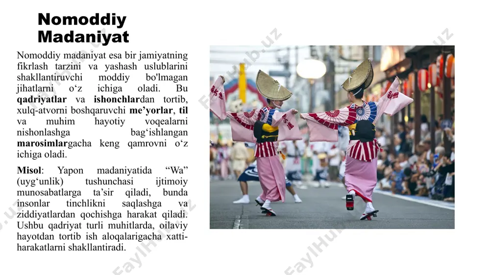 lqlarda musiqa turli shakllarda rivojlangan va ba’zan diniy, ba’zan esa tantanali marosimlar uchun qo‘llanilgan. raqs: raqs orqali turli madaniyatlar o‘z an’analari va qadriyatlarini ifodalashgan, bu esa xalq madaniyatining ajralmas qismi hisoblangan. globalizatsiya va madaniyatlararo ta’sir globalizatsiya dunyo bo‘ylab madaniy almashinuvni tezlashtirdi, bu esa turli madaniyatlar o‘rtasidagi chegaralarni yo‘q qilishga olib keldi. turli mamlakatlar o‘rtasidagi savdo, texnologik yangiliklar va ijtimoiy media orqali madaniy almashinuv yanada tezlashdi. madaniyatlararo ta’sirning yaxshi va salbiy tomonlari yaxshi tomonlari: bu madaniyatlararo tushunishni kuchaytiradi va yangi g‘oya va texnologiyalarni tez tarqalishiga imkon yaratadi. salbiy tomonlari: mahalliy madaniyatlarning yo‘qolishiga va global madaniy homogenizatsiyaga olib kelishi mumkin. misol: g‘arbiy madaniyatning mashhurligi tufayli dunyo bo‘ylab fast-food restoranlari, moda tendentsiyalari va musiqa uslublari tez tarqaldi, ammo ba’zi mahalliy madaniyatlar yo‘qolish xavfi ostida qoldi. madaniy o’zlikva etnik madaniyatlar madaniy o’zlik– bu insonning o‘z madaniy kimligini his qilishi. o‘z etnik guruhiga yoki mahalliy madaniyatga sadoqat, e’tiqod va amaliyotlar orqali ifodalanadi. har bir etnik …