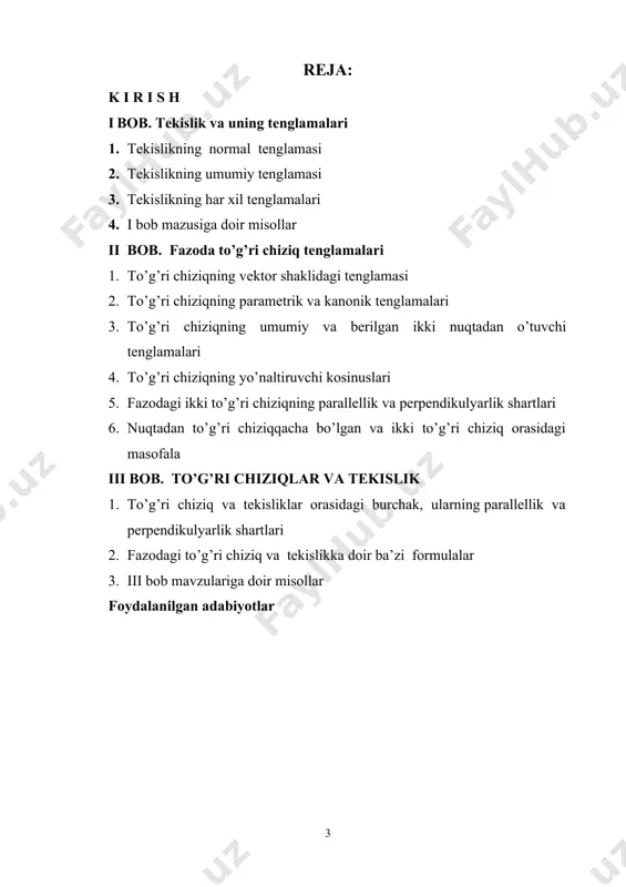s-vektori-o’zgaruvchi radus - vektor, n o vektor esa birlik normal vektor deyiladi. (3) tenglamani proeksiyalar bilan yozamiz. … vektor bilan ox, oy,oz koordinata o’qlari orasidagi burchaklarni mos tartibda  ,  ,  bilan, m nuqtaning koordinatalari m,x,y,z bilan belgilaymiz ya’ni, nocos, cos  , cos , rx, y, z, bu holda rn 0  x cos  y cos   z cos (4) bularni (3) tenglamaga qo’yamiz: x cos  y cos  · z cos  p  0 (5). bu tenglama tekislikning koordinata shaklidagi normal tenglamasi deyiladi. (5) tenglama x,y,z ga nisbatan birinchi darajali algebraik tenglamdir. demak,har qanday tekislik x,y,z o’zgaruvchi koordinatalarga nisbatan birinchi darajali algebraik tenglama bilan tasvirlanadi. 2 . tekislikning umumiy tenglamasi mo(xo,yo,zo) nuqta q tekislikka tegishl perpendikulyar bo’lgan nolmas vektor bo’lsin (2-chizma).i nuqta, n  a; b;c esa q tekislikka agar m(x,y,z) nuqta q tekislikdagi mo nuqtadan farqli ixtiyoriy nuqta bo’lsa, u holda …