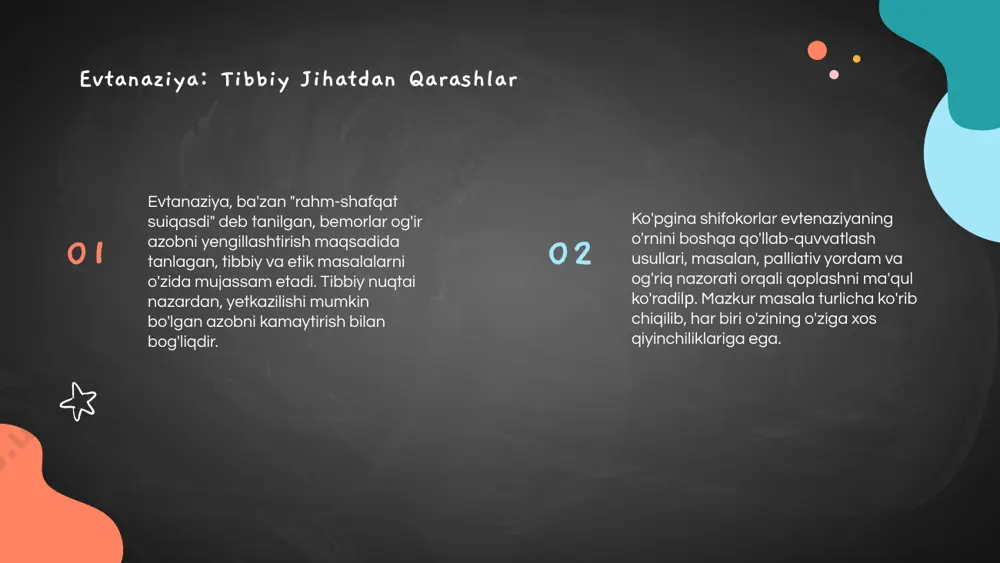 vtonaziya masalasi keng jamoatchilikda muhokama qilinayotgani sababli, turli fikrlar va nuqtai nazarlar mavjud. ba'zi odamlar evtonaziyani inson azobini qisqartirish yo'li deb bilishsa, boshqalar uni axloqiy jihatdan qabul qilmaslikka chaqiradilar. e’tiboringiz uchun rahmat image1.png media1.mp3 image5.png image2.png image6.jpeg image3.png image4.png image7.jpg image8.jpg image9.jpg null 2018 118.991554