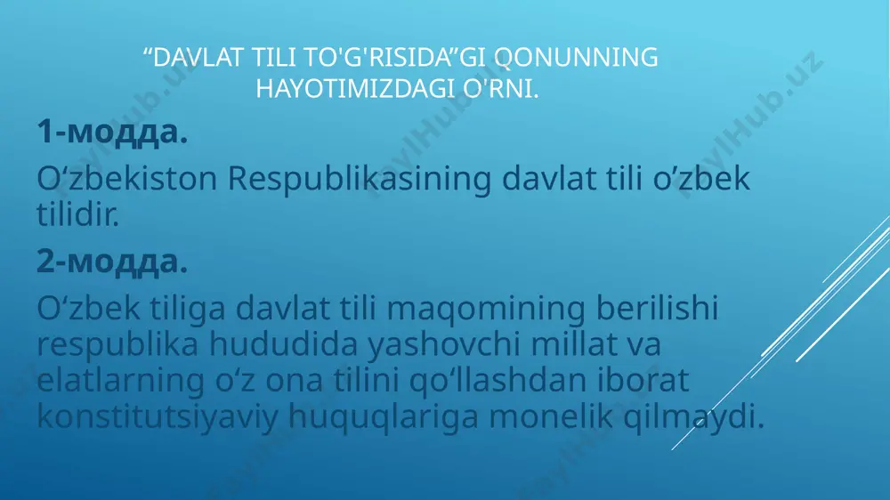 a tovush tushishi hodisasi ro‘y beradi: singlisi, o‘rni, ko‘ngli, o‘g’li; qayril, ayril; ikkala, oltovlon, yettovi u, shu, o‘sha kabi olmoshlarga -da, -dan, -day, -dagi, -dosh, -cha qo‘shimchalari qo‘shilsa, bitta n orttiriladi, aksincha, men, sen olmoshlariga -ni va -ning qo‘shimchalari qo‘shilsa, bitta n tushirib qoldiriladi: bunda, shundan, o‘shancha, meni, sening kabi. parvo, obro‘, mavqe so‘zlariga egalik qo‘shimchalari (i va ii shaxsda) qo‘shilsa, bitta y tovushi orttiriladi va shunday yoziladi: parvoyi, obro‘yim, mavqeyim kabi. eslatma: orzu so’zi bundan mustasno – orzum, orzung, orzusi parvo, obro‘, mavqe so‘zlariga egalik qo‘shimchalari (i va ii shaxsda) qo‘shilsa, bitta y tovushi orttiriladi va shunday yoziladi: parvoyi, obro‘yim, mavqeyim kabi. eslatma: orzu so’zi bundan mustasno – orzum, orzung, orzusi -ga, -gacha, -gach, -guncha, -gani, -gudek, -gan, -gin, -gina qo‘shimchalari uch xil aytiladi va yoziladi ertaga, ertagacha, borgach, borguncha, borgudek, borgan; eshikka, eshikkacha, chiqqach, chiqquncha, chiqqani kabi. eslatma: bargga, pedagogga, bug‘ga, sog‘ga, og‘gan, sig‘guncha so‘zlari bunga kirmaydi. 5-topshiriq. …