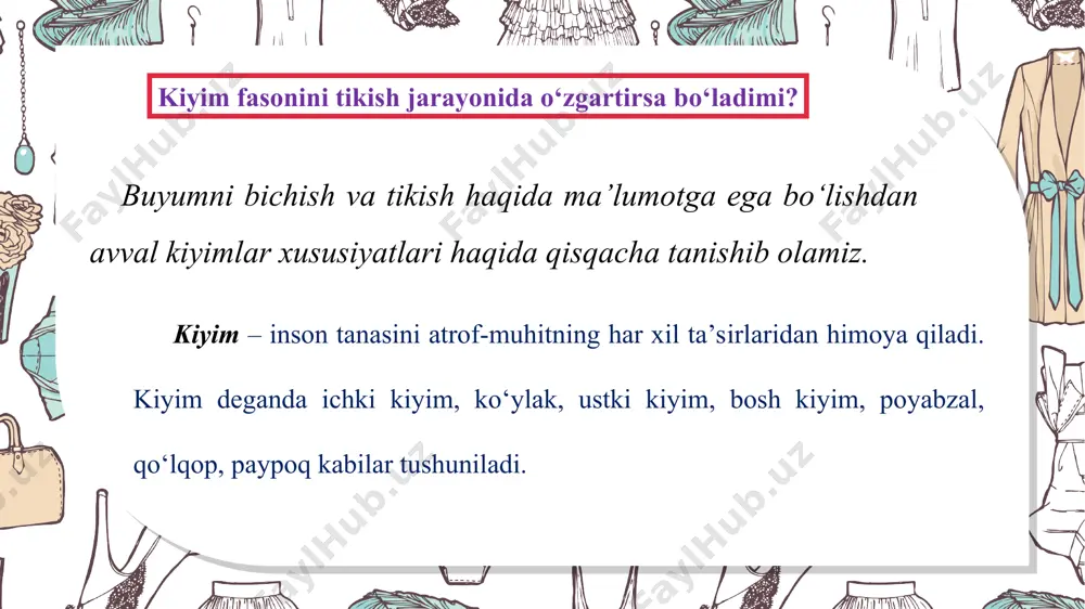 sosida hisoblash formulasida o‘z o‘lchovini topib andaza chizishga konstruksiyalash deyiladi. hisoblash yo‘li orqali taxlama, koketka, burma, cho‘ntak va boshqa qirqimlarni tayyorlash texnik modellash deyiladi. albatta, bu ishlarni avval modelyer-rassom, so‘ngra konstruktorlar bajaradi. uy sharoitida esa modelyer ham, rassom ham, konstruktor ham o‘zingiz bo‘lasiz. shuning uchun kiyim tikishda quyidagi ketma-ketlikka rioya qilishingiz kerak. kiyim tikishda ketma-ketlik qoidasi kiyim turi, yosh xususiyati, faslga moslab gazlama va fason tanlanadi. maqsad aniqlab olingach, gavdadan o‘lchov olinadi. olingan o‘lchov bo‘yicha hisoblash formulasi tayyorlanadi. hisoblash formulasi asosida andaza tayyorlanadi. andaza eskizidan foydalanib modellashtiriladi. asosiy andaza bo‘yicha modellashtiriladi. tanlangan gazlamaning xossalari o‘rganiladi. gazlama ustiga andaza joylashtiriladi. buyum bichiladi va tartib bo‘yicha tikiladi. tayyor buyum pardozlanadi. qiziqarli maʼlumot ishlab chiqarish korxonalarida bichish jarayonini zamonaviy avtomatlashtirilgan kompleks mashina amalga oshiradi. bichish jarayoni vakuum ostida gazlamalarni bir necha qatlab bajariladi. bu jarayonni xalq tilida “qatlama xamir” deb ham atashadi. 25–30 qavatdan iborat gazlamaning qalinligi 5 cm, aniq bichimi 1 cm …