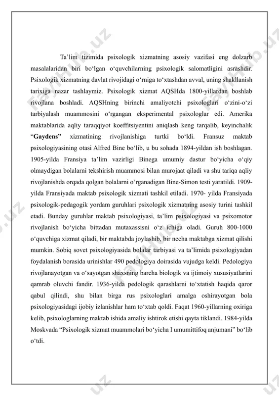 ishi asosida quriladi. 491 umumiy o‘rta ta’lim tizimidagi psixologik xizmatning maqsadi: – shaxsning har tomonlama garmonik kamoloti, to‘laqonli psixologik taraqqiyotni ta’minlovchi qulay shart-sharoitlar yaratishdan iboratdir. psixologik xizmatda tadqiqot va ta’sir o‘tkazish ob’yekti maktabgacha yoshdagi bolalar, o‘quvchilar, o‘qituvchilar, ota-onalar hisoblanadi, ularni alohida yoki guruhiy shaklda tadqiq qilish mumkin. xalq ta’limi tizimida psixologik xizmat uch bosqichdan iboratdir: 1. yuqori bosqich – psixologiya kafedralari tomonidan psixologik markazlarning buyurtmalariga binoan ilmiy-amaliy hujjatlar, ko‘rsatmalar va metodikalar ishlab chiqariladi. 2. o‘rta bosqich – psixologik markazlar tomonidan yangi diagnostik amaliyotga tatbiq qilib ko‘riladi. 3. quyi yoki ommaviylashgan darajada – barcha amaliy psixologlar faoliyatini yo‘lga qo‘yadilar. psixologik xizmatning mazmuni: a) psixodiagnostik tadqiqotlar o‘tkazish, metodikalar ishlab chiqish (test savol varaqasi, tajriba, kuzatish, suhbat va boshqalar); b) psixologik maslahat berish; c) psixologik konsiliumlar o‘tkazish; d) ta’lim va tarbiya beruvchi dasturlardan foydalanib psixodramma, psixokorreksion treninglarni amalga oshirish; e) psixologik tadqiqot ob’yektining psixologik xususiyatlarini hisobga olgan holda o‘quv dasturi, o‘quv tarbiya rejalarini …