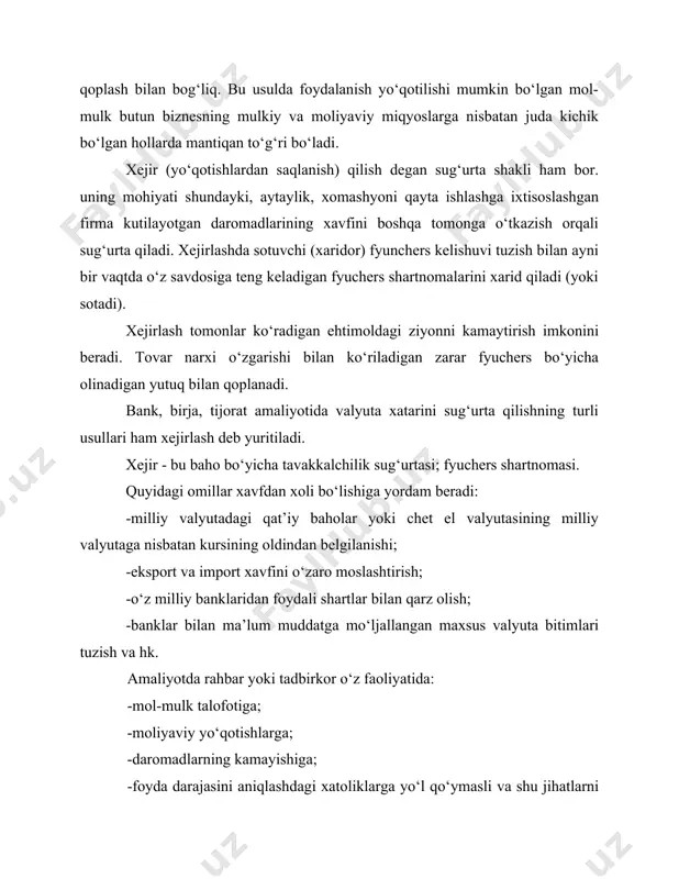 masalan, respublikamizda paxtaga) bo‘lgan konyunktura narxining pasayishi oqibatida ko‘rilishi mumkin bo‘lgan zarar xavfi; -iqtisodiy va siyosiy mustaqillikka erishish oqibatida ko‘rilishi mumkin bo‘lgan zarar xavfi; -ishlab chiqarishning keskin tushib ketishi yoki ishsizlik darajasining oshishi oqibatida ko‘rilishi ehtimol qilinadigan zarar xavfini ifodalaydi. tarmoq bilan bog‘liq tavakkalchilik ayrim tarmoq iqtisodiyoti bilan bog‘liq bo‘lib, u ikki omil ta’siri ostida bo‘ladi: -tarmoqdagi davriy barqarorlikka; -tarmoq ishlab chiqarishining hayotiy bosqichlariga. korxona tavakkalchiligi investitsiya obyekti bo‘lgan aniq korxona faoliyati bilan bog‘liq. garchi bu tavakkalchilik tarmoq va regional tavakkalchiliklar ta’siri ostida bo‘lsa-da, undagi tavakkalchilik darajasi korxonaning bozordagi mavqei, doimiy mijozlar (iste’molchilar)ning bo‘lishi, ishlab chiharilayotgan mahsulotning sifati va boshhalarga bog‘liq. korxona faoliyatidagi tavakkalchilik quyidagi ko‘rinishlarda bo‘ladi: -ishlab chiqarishni iste’molchi tomonidan talab qilib olmasligi oqibatida ko‘riladigan tavakkal zarar; -xo‘jalik shartnomalarini bajarmaslik oqibatida ko‘riladigan tavakkal zarar; -raqobatning kuchayishi oqibatida ko‘riladigan tavakkal zarar; -ko‘zda tutilmagan xarajatlarning vujudga kelishi va daromadning kamayishi oqibatida ko‘riladigan tavakkal zarar; -korxona mablag‘ining talofoti tufayli ko‘riladigan tavakkal zarar. …