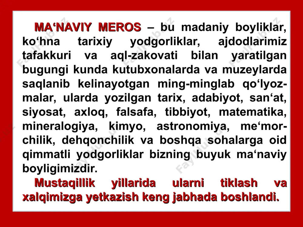 nishonlandi. 7. bundan tashqari, bobur, mashrab, ogahiy, furqat, cho‘lpon, abdulla qodiriy, usmon nosir kabi ulug‘ shoir va ma‘rifatparvar ajdodlarimizning xotira kunlarini o‘tkazish an‘anaga aylandi. ularning asarlari nashr etila boshlandi. 8. mamlakat ma‘naviy hoyotini tiklashda 1994-yil 23-aprelda tashkil etilgan “ma‘naviyat va ma‘rifat” jamoatchilik markazi muhim o‘rin tutadi. uning vazifasi xalqimizning boy ma‘naviy-madaniy merosini qayta tiklash va uni yanada rivojlantirish etib belgilandi. 9. milliy istiqlol va amir timur omili. xalqimiz mustaqillikning mohiyatini, uning jamiyat taraqqiyotida hamda xalqimiz hayotida tutgan o‘rnini va ahamiyatini 1996-yilda tavalludining 660 yilligi nishonlangan ulug‘ bobomiz amir timur shaxsi orqali yana ham chuqurroq anglay boshladi. 10. qattol sovetlar mafkurasi amir timurga, u orqali o‘zbek xalqiga nisbatan tahqirlash siyosatini yurgizib kelgan bir paytda yubiley munosabati bilan yurtimiz va xorijda bu zotga bag‘ishlab ko‘plab ilmiy, ommabop, badiiy va san‘at asarlari yaratildi, xalqaro anjumanlar o‘tkazildi, uning nomi bilan xalqaro tashkilotlar tuzildi, muzeylar ochildi. amir temur yubileyi bilan bog‘liq muhim sanalar: 1993-yil 31-avgust. …