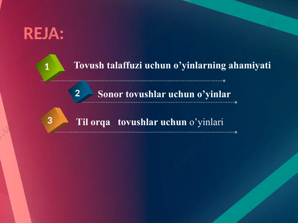 urushdilar,tomoqlarin qirishdilar”. ikkinchi guruh bolalari:-qarg‘alar doira ichida turib “qar-qar suvlar tezda oqar”-deb tez-tez qag‘ilashadi. birinchi guruh bolalari:-“qarg‘alar”, “yugurishdi toz itlar,uchib ketdi qarg‘alr,qо‘nib daraxt shohiga qar-qar-qar deb qarillashar”,-deb aytishlari bilan uchunchi guruh bolalari (itlarni tasvirlovchi) doiraga “r-r-r...” deb irillab yugurib ketar vovullab,yugurib kiradilar va qarg‘alarning ketidan quvadilar. qarg‘alar(oldindan bnlgilab qо‘yilgan joyga) “inlariga” uchib ketishadi.ushlangan qarg‘alar itlar bilan birga qaytishadi va maxsus joyga qamab qо‘yiladi.о‘yin to ikki-uchta chaqqon qarg‘a kelib qamalgan qarg‘alarni qutqarmaguncha davom etadi.sо‘ngra bolalar rol almashadilar.о‘yin yana davom etadi. metodik kо‘rsatma: bolalar sо‘zlarni baland ovozda,aniq mazmunli gapirishlari kerak. “budilnik” о‘yini. maqsad: “r” tovushini nutqda xosil qilish. о‘yinning borishi: logoped bolalaga stulchalarga о‘tirib olishlarini aytadi. bitta bola logopedning yonida qoladi. logoped bolalarga murojat etadi: bolalar hammamiz tushlik qilib bо‘ldik.endi hammamiz uxlaymiz.hammamiz faqat budilnik jiringlaganda turamiz.bolalar kо‘zlarini yumib о‘tiradilar.bir necha vaqt о‘tgandan sо‘ng logopedning kо‘rsatmasiga asosan budilnikrolini bajargan bola yurib budilnik ovoziga taqlid qiladi r-r-r-r va bolalarniuyg‘otadi.о‘yin shu tariqa davom etadi. sо‘ngra …