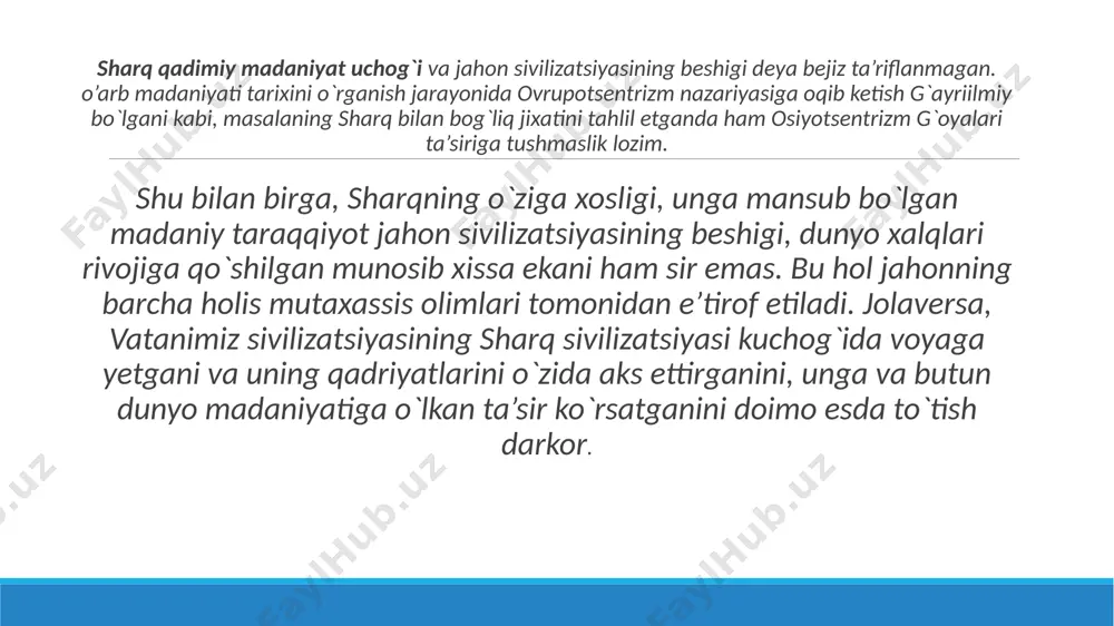 nchi ming yillikning oxiri va uchinchi ming yillik boshlarida qadimgi misr va bobil xududida dastlabki diniy-falsafiy fikrlar, olam haqidagi fanlar, ya’ni astronomiya, kosmologiya, matematika, mifologiyaga oid qarashlar birmuncha rivoj topgan. тabiiy-ilmiy, diniy-falsafiy fikrlarning yo`zaga kelishi ikki yo`nalishda borgan. birinchi yo`nalish olam haqidagi tasavvurlarning astronomiya, kosmologiya, riyoziyot fanlari rivoji bilan bog`liq ekanini, ikkinchi yo`nalish esa, bu tasavvurlarning mifologiya bilan bog`liq bo`lganini ko`rsatadi. birinchi holda, asosan, tabiiy bilimlarga tayanilgan, kundalik hayotda duch kelinadigan voqea-hodisalar aniq dalillar asosida tahlil etilgan, o`rganilgan, ulardan tegishli xulosalar chiqarilgan. bu – usha davr uchun tabiiy hol edi, ya’ni u – davrning inson ongida aks etishi, kundalik turmush hodisalarining oddiy bir tarzda ifodalanishi edi. aynan ana shu hol tabiiy bilimlar rivojiga, garchand sodda tarzda bo`lsa-da, aksariyat hodisalarning falsafiy asosda izohlanishiga sabab bo`lgan. ikkinchi holatda esa, xali tabiat kuchlarining qarshisida nixoyatda ojiz bo`lgan odamzod, albatta, tevarak atrofdagi voqea-hodisalarni mifologik izohlashi tabiiy bir hol edi. qadimgi misr va bobilda shakllangan …