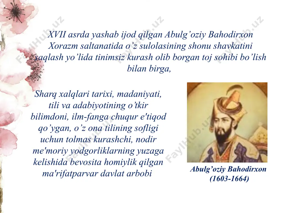 ri, qabila va urug’ nomlari ham izohlanadi. qipchaq: “xon aydi: “muning otasi bizning oldimizda o’ldi. g’amxo’ri yo’q”, tеb. o’g’ul o’kundi, otini qipchoq qo’ydi. qadim turk tilinda ichi qo’sh yog’ochni qipchoq dеrlar erkandur. aning uchun ul o’g’lon yog’och ichinda tug’di dеb, otin qipchoq qo’ydilar. bu vaqtda ham ichi qo’sh yog’ochni qipchoq dеytururlar”. shish – payg’ambar nomi. asarda bu nom quyidagicha izohlanadi: “shishning ma'nosi haybatulloh tеmak bo’lur”. anush - shish payg’ambarning o’g’li. bu nom quyidagicha izohlangan: “anushning ma'nosi sodiq tеmak bo’lur”. dеbboqo’yxon – “yofas avlodidan to’takning nabirasi, ablachaxonning o’g’li. o’lar vaqtinda o’g’li dеbboqo’yxonni o’rnida o’lturtdi. dеbning ma'nosi taxtning yеri, boqo’yning ma'nosi el ulug’i tеmak bo’lur”. kirayt: “kiraytning ma'nosi qora buran tеmak bo’lur. bir kishining еtti o’g’li bor erdi. shundan tuqqanlarig’a kiraytlar tеdilar”. arlat: “ikkilanchi o’g’li arlat. aning ma'nosi otaning sеvar o’g’li tеmak bo’lur. arlat bir kishining oti turur. aning otasi ko’p sеvar erdi. aning uchun arlat tеdilar. barcha arlat eli aning nasli …