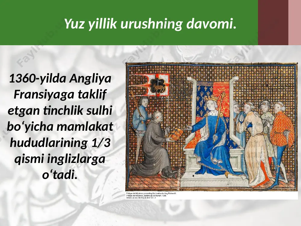 ar «jamiyat baxt-saodati ittifoqi»ni tuzadilar. lyudovik xi uning rahbari karl burgundskiyga qarshi lyudovik muvaffaqiyatli kurash olib borib, burgundiyaning g‘arbiy qismini fransiyaga qo‘shib oladi. fransiyaning janubidagi provans viloyati marsel porti bilan 1481-yilda qirol hukmiga o‘tadi. lyudovikning vorisi karl viii ning 1491-yilda bretan gersogining qizi annaga uylanishi bilan fransiyaning markazlashuvi yakunlanadi. xv asr oxiriga kelib butun fransiya yaxlit markaziy hokimiyatga bo‘ysundirildi. savol va topshiriqlar 1. xaritadan fransiyaning xi–xiv asrlardagi hududlarini topib ko‘rsating. 2. fransiyaning xv asrda xi asrdagiga nisbatan kuchli mamlakat ekanligini misollar asosida tasdiqlab bering. 3. 1420-yildagi shartnoma fransiyaga qanday o‘zgarishlar olib kelgan? 4. xalq ozodlik harakati va janna d’arkning yuz yillik urushdagi o‘rnini baholang. image2.jpg image3.jpeg image4.emf image5.jpeg image6.jpeg image7.jpeg image8.jpeg image9.jpeg image10.jpeg image11.jpeg image12.jpeg image13.jpeg image14.jpeg image15.png image16.jpeg image1.jpg