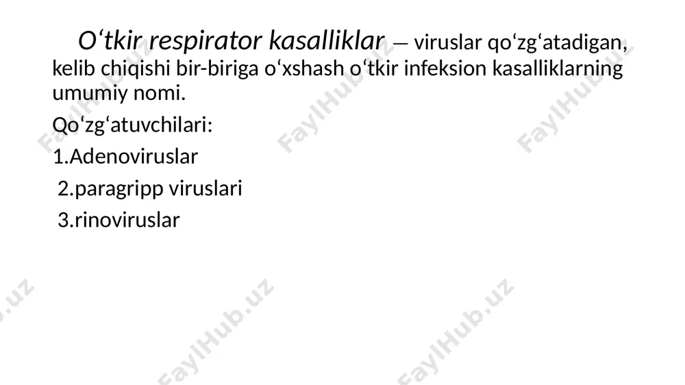 salliklarni rinoviruslar (burun viruslari) qoʻzgʻatadi. kasalliklar kamdankam hollarda yil boʻyi uchrab turadi, epidemiyalar boʻlmaydi. belgilari: darmonsizlik, gavda trasining bir oz koʻtarilishi, bosh ogʻrishi, burundan yiring aralash shilimshiq (sariqyashil rangli) kelishi, tumov, yoʻtal kuzatiladi. chaqaloq va goʻdaklar bu kasallikka beriluvchan boʻladi, kasallik ularda ogʻir oʻtadi va turli asoratlar qolishi mumkin. diagnostika qonning umumiy tahlili; o'pka rentgenogrammasi ( pnevmoniyani istisno qilish uchun). kasallikni davolash. davolash: 1.klinik 2. simptomatik bola ko'proq suyuqlik ichishi kerak; burundagi shilliq moddani aspirator bilan olib tashlash; berodual bilan ingalyatsiyani amalga oshirish; dori-darmonlarni qabul qilish; bola yotgan xonani ko'proq vaqt davomida shamollatish. laringit laringit (laringo ... yun. itis — yalligʻlanish) — hiqildoq shilliq qavatining yalligʻlanishi. etialogiyasi gripp, kizamiq, skarlatina, koʻkyoʻtal va boshqa, shuningdek, butun organizmning sovqotishi, ovoz boylamlariga zoʻr kelishi (baqirib gaplashish), muzdek yoki juda issiq ovqat isteʼmol qilish, tamaki chekish, spirtli ichimliklarga ruju qoʻyish tasnifi. kechishi bo’yicha 1.kataral 2.gipertrofik 3.atrofik 4.stenozlovchi 5.flegmanoz kechish intensivligi bo’yicha 1.o’tkir 2.surunkali diagnostikasi: …
