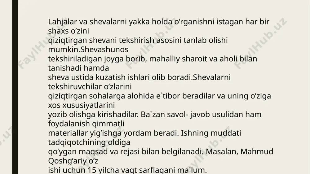 u erda o’tayotgan, ko’p vokealarni boshdan kechirgan kishilarning nutqidan yozib olinadi. chunki, ularning nutqi bo’zilmagan hamda ularda urganilayotgan shevaga xos xususiyatlar saqlangan bo’ladi.shuningdek, yoshlar, maktab o’quvchilari, qishloq ziyolilari, jumladan, o’qituvchilarning nutq jarayonini ham ko’zatish va yozib olish maqsadga muvofiqdir. o ‘zbek shevalari asosan 20-30 yillardan boshlab, ilmiy asosda o‘rganila boshlandi va uning dastlabki tasniflari paydo bula boshladi. inkilobgacha bo‘lgan davrda v.nalivkin, m.nalivkina, a.starchevskiy, a.vishnegorskiy, z.alekseev, n.ostroumov, t.giyosbekoylar jonli til faktlari asosida o‘zbek tili lug‘ati, qisman fonetik va morfologik xususiyatlarini yoritgan ishlami amalga oshirganlar. ularni sof dialektologik ishlar deb ham, adabiy til faktlari deb ham qarash qiyin, lekin inqilobdan keyingi yillarda o‘zbek adabiy tiliga asos bo‘ladigan sheva va dialektlami aniqlash, milliy tilning imkoniyatlarini belgilash shiori bilan o‘zbek shevalari keng miqyosda o‘rganila boshlandi. shu jarayonda o‘zbek shevalari tasnif qilindi. o'zbek shevalarini dastlab professor k. k.yudaxin tasnif qilishga musharraf bo'ldi. u o‘zbek shevalarining tojik tili bilan munosabati va singarmonizmni saqlash darajasiga qo‘ra tasnif …