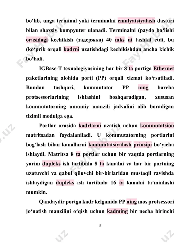 gi 4x10 = 40 mbit/s ni, n portlar uchun umumlashtirilganda esa (n/2)xl0 mbit/s ni tashkil etadi. bunday holatda kommutator uning portlariga ulangan har bir stansiyaga va segmentga protokolning ajratilgan oʻtkazish xususiyatini taqdim etadi, deyiladi. tabiiyki, tarmoqda hamma vaqt yuqorida bayon etilgan holat boʻlavermaydi. agar ikki stansiyadan, masalan, 3 va 4-portlarga ulangan stansiyalardan bir vaqtda 8-portga ulangan oʻsha bir serverga yozish kerak.joylashtiradi, bundan keyin protsessor chiqish portining boʻshashini va kommutatsion matritsada kerakli yoʻlning hosil boʻlishini kutadi. 1.kerakli yoʻl oʻmatilganidan keyin, unga chiqish porti qabul qiladigan kadrning buferga joylashtirilgan baytlari yoʻnaltiriladi. chiqish porti protsessori unga csma/cd algoritmi boʻyicha ulangan ethernet segmentiga ruxsatni olishi bilan kadrning baytlari tarmoqqa uzatila boshlanadi. kirish port protsessori doimo oʻz buferida qabul qilinadigan kadrning bir necha baytlarini saqlaydi, bu unga mustaqil va asinxron ravishda kadr baytlarini qabul qilish va uzatish imkoniyatini beradi. 2.kommutatsion matritsaning tuzilish va ishlash prinsipi kommutatsion matritsa orqali portlarning oʻzaro taʼsiriga misollardan biri 3.1-rasmda keltirilgan. …