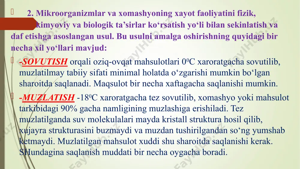 nservalarni tayyorlashda avval blanshirovkalab, (2-5minut 900c suvda ushlab turish) so‘ngra rassol (2% tuzli, 2-3% shakarli eritma) quyib, 45 minut bug‘ xammomida bosim ostida sterilizatsiya qilinadi. -sabzavot gazak konservalari yog‘da qovurilgan yoki boshqa turdagi ishlov berilgan va faqat tayyor ozuqa sifatida iste’mol qilinadigan konserva-lardir. bu konservalar uch xil ko‘rinishda bo‘ladi: farshirovka qilingan tomat sousi bilan quyilgan; to‘g‘ralgan tomat sousi bilan quyilgan va sabzavot ikralari konservalaridir. bularga keng tarqalgan baqlajon va boshqa sabzavot ikralari va lecho‘lar misol bo‘ladi. bu konservalarni tayyorlashda ko‘l kuchi ancha ko‘p ishlatiladi. bolgar qalampiri farshirovka qalishdan oldin tozalanib, blanshirovka qilinadi va pishib ketmasligi uchun tezda sovutiladi. farshirovka uchun sabzavotlardan tayyorlangan qovurilgan massaning moyliligi va ta’mini keltirish eng murakkab jarayonlardan biridir. -konsentrlangan yarimmahsulotlar taom tayyorlashda ishlatiladigan tomat pastalari va pyurelari bo‘lib, ulardan sharbat, ketchup va boshqa tomatli mahsulotlar tayyorlanadi. tomat pastalari pomidorlardan yuvib, tozalanib, to‘g‘ralib, issitilib, po‘sti va urug‘idan ajratilib, namligi pishirish yo‘li bilan yo‘qotib, quruq moddalar miqdori 30% …