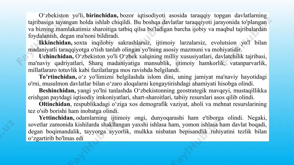 ni himoya qilish, ularning madaniyati, tili, milliy urf-odatlari va an'analari saqlanishi hamda rivojlanishini kafolatli ta'minlashni; - bir mafkuraning, bir dunyoqarashning yakka hokimligidan voz kechish, siyosiy tashkilotlar, mafkuralar va fikrlar xilma-xilligini tan olishni; - chinakam demokratiyaning sifatida ko'ppartiyaviylikni amalda shakllantirishni bildiradi. ijtimoiy va ma'naviy sohada: - umuminsoniy qadriyatlarga, insonparvarlik g'oyalariga sodiqlikni, inson, uning hayoti va shaxsiy daxlsizligi, erkinligi, qadr-qimmati, yashash joyini tanlash huquqini, qaror toptirishni; - ma'naviyat va axloqiylikni qayta tiklash, fuqarolarning vatanparvarlik his-tuyg'ularini rivojlantirish, tarixiy yodgorliklarni saqlash va ta'mirlashni; - o‘zbek tilini rivojlantirishni, bu tilning davlat maqomini to'liq ro'yobga chiqarishni; - hurfikrlilikni, vijdon va din erkinligi qoidalarini qaror toptirishni; - ijtimoiy adolat qoidalarini ro'yobga chiqarish, aholining eng nochor qatlamlari - - keksalar, nogironlar, yetim-yesirlar, ko'p bolali oilalar, o'quvchi-yoshlarning davlat tomonidan ta'minlashni; - sifatli tibbiy xizmatni ta'minlash, onalik va bolalikni muhofaza qilishni; - yangi demokratik ta'lim konsepsiyasini ishlab chiqish va amalga oshirish, umumiy ta'lim olish, kasbni va tegishli maxsus tayyorgarlikni o'tishni …
