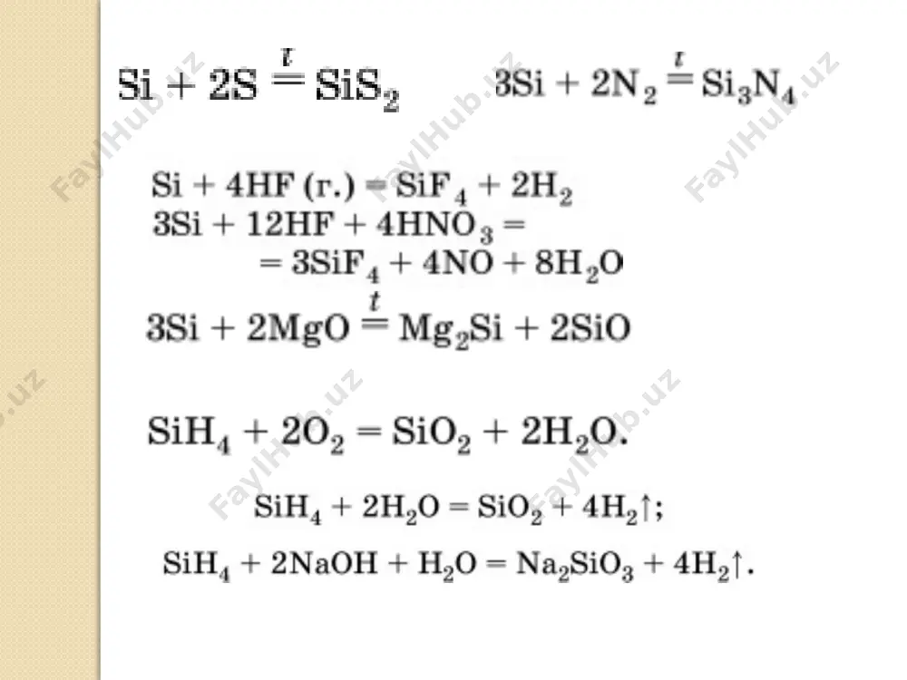 = sncl4 + 3h2o h2sno3 + 2naoh = na2sno3 + 2h2o stannat kislota tuzlari stannatlar: mn, na2sno3 · β-stannat kislota qalayni hno3 da oksidlash yo’li bilan olinadi. bu kislota kislotalar bilan reaksiyaga kirishmaydi, ishqorlar bilan reaksiyaga kirishib, stannatlar hosil qiladi. sn tuzlaridan amaliy ahamiyatga ega bo’lganlari sn (iv)-xlorid bilan sn (iv)-sulfiddir. sn (iv)-xlorid 114ºc temperaturada qaynaydigan, havoda kuchli darajada tutaydigan suyuqlikdir. u gazlamalarni bo’yashda xurush sifatida ishlatiladi. sn (iv)-sulfid suvda erimaydigan, oltin rang sariq tusli qattiq modda. u “oltin hal” nomi bilan yog’och buyumlar, gips buyumlarga hal berish uchun ishlatiladi. qo'rg'oshin. yer po'stlog'ida 1,6·10–3 % ga teng. tabiatda birikmalar holida uchraydi. sanoatda pb olish uchun qo’rg’oshin rudasi avval kuydirib olinadi. hosil bo’ladigan pbo ko’mir vositasida qaytariladi: 2pbs + 3o2 = 2pbo + 2so2 pbo + c = pb + co pb–och havorang oq tusli, yumshoq va og'ir metalldir, zichligi 11,34 g/sm3, suyuqlanish temperaturasi 327,4ºc ga teng. pb plastik. pb issiq …