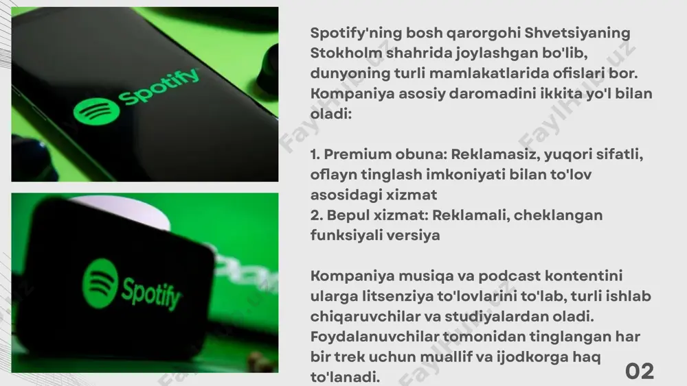 um’dan voz kechib, bepul versiyaga o‘tishi yoki raqobatchilarga ketishi mumkin. 08 📈 o – opportunities (imkoniyatlar) audio kitoblar va yangi formatlar amazon audible’ga raqib bo‘lish uchun audio kitoblar bozoriga kirish katta imkoniyat. reklama daromadini oshirish freemium foydalanuvchilardan olinadigan reklama daromadi yanada samaraliroq bo‘lishi mumkin, ayniqsa ai orqali maqsadli reklamalar orqali. yangi bozorlar va tillar osiyo va afrika bozorlari hali to‘liq o‘zlashtirilmagan — kengayish uchun katta imkoniyat bor. sun’iy intellekt va personalizatsiyani rivojlantirish ai dj, real vaqtli ovozli tavsiyalar, individual musiqiy yo‘nalishlar — spotify foydalanuvchilar bilan yanada mustahkam aloqa o‘rnatishi mumkin. ⚠️ t – threats (tahdidlar) kuchli raqobatchilar apple music, amazon music, youtube music — bularning har biri o‘z ekotizimi orqali ustunlikka ega. litsenziya siyosatidagi o‘zgarishlar yirik musiqiy label’lar narx siyosatini o‘zgartirsa, spotify’ning xarajatlari keskin oshishi mumkin. iqtisodiy inqirozlar global iqtisodiy muammolar obunachilar sonini kamaytirishi, reklama bozorini qisqartirishi mumkin. regulyatsiyalar va mualliflik huquqlari turli mamlakatlarda mualliflik qonunlari o‘zgarishi kompaniyaga to‘siq bo‘lishi …