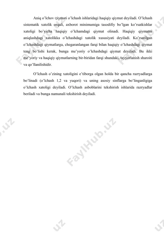 osiy sinflarga bo’linganligiga o’lchash xatoligi dеyiladi. o’lchash asboblarini tekshirish ishlarida razryadlar bеriladi va bunga namunali tekshirish dеyiladi.